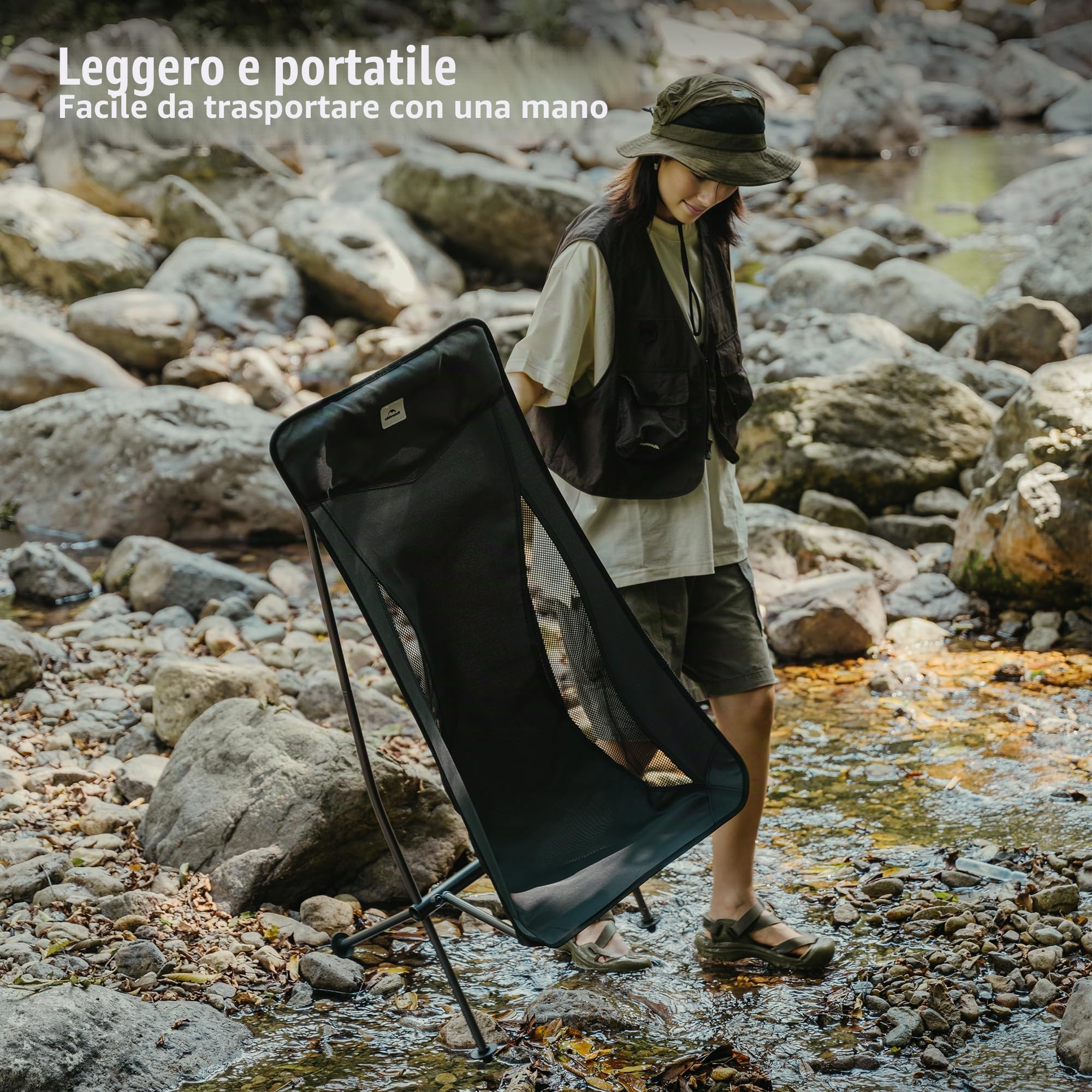 Naturehike Sedia da Campeggio Portatile Sedia Pieghevole Ultraleggera, Smontaggio e Montaggio Rapidi, per Pesca, Picnic, Esterno, Escursionismo (Nero large)