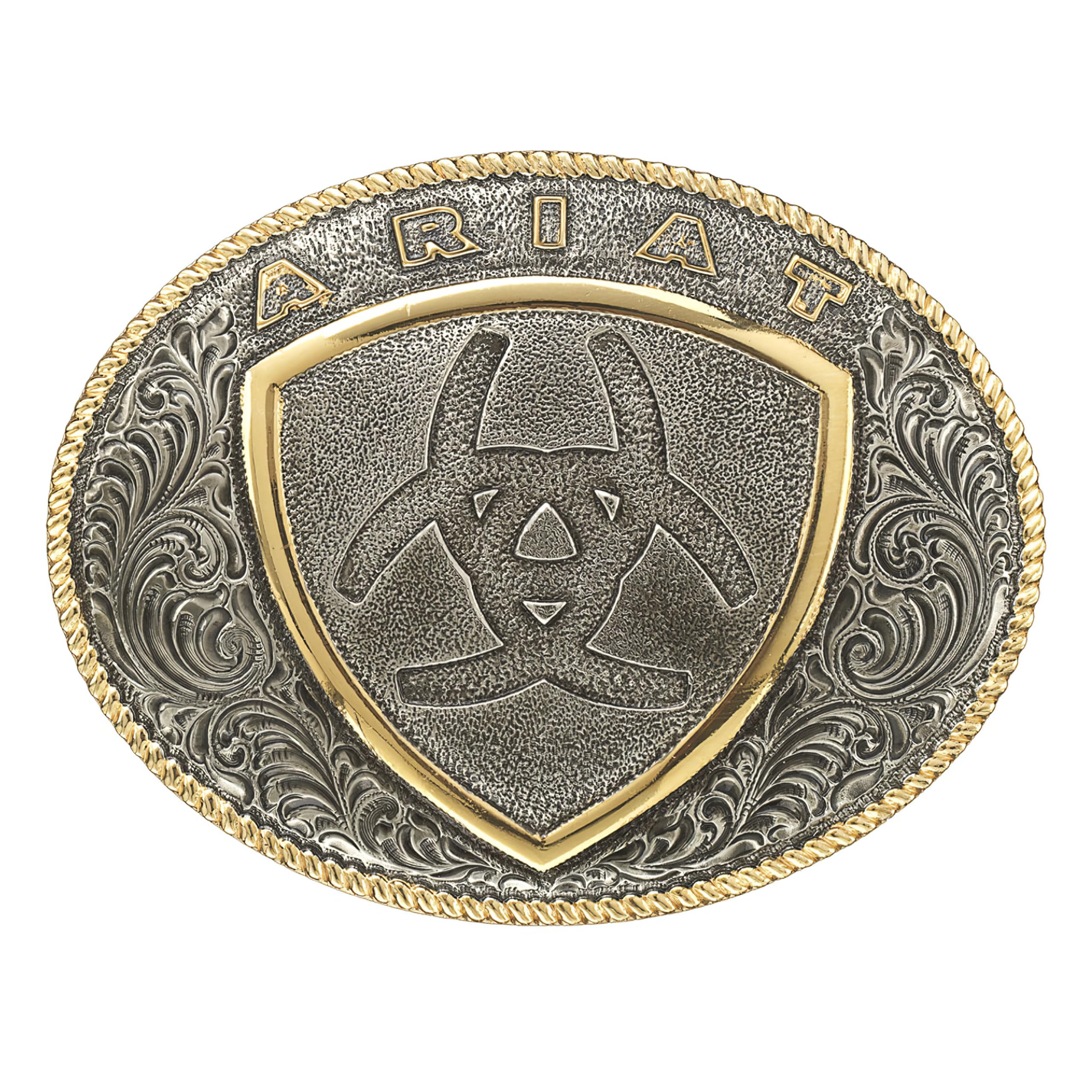 ARIAT Oval Buckle with Shield Logo, Dual Antique Silver and Gold Finish, 3