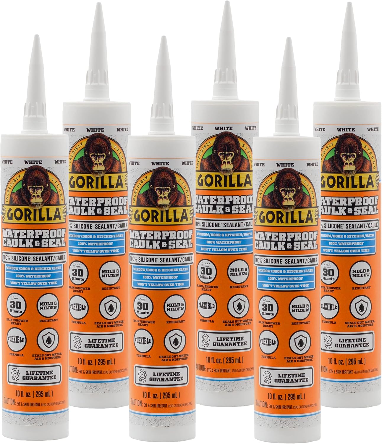 Gorilla Waterproof Caulk & Seal 100 Silicone Sealant, 10oz Cartridge, White (Pack of 6) Buy