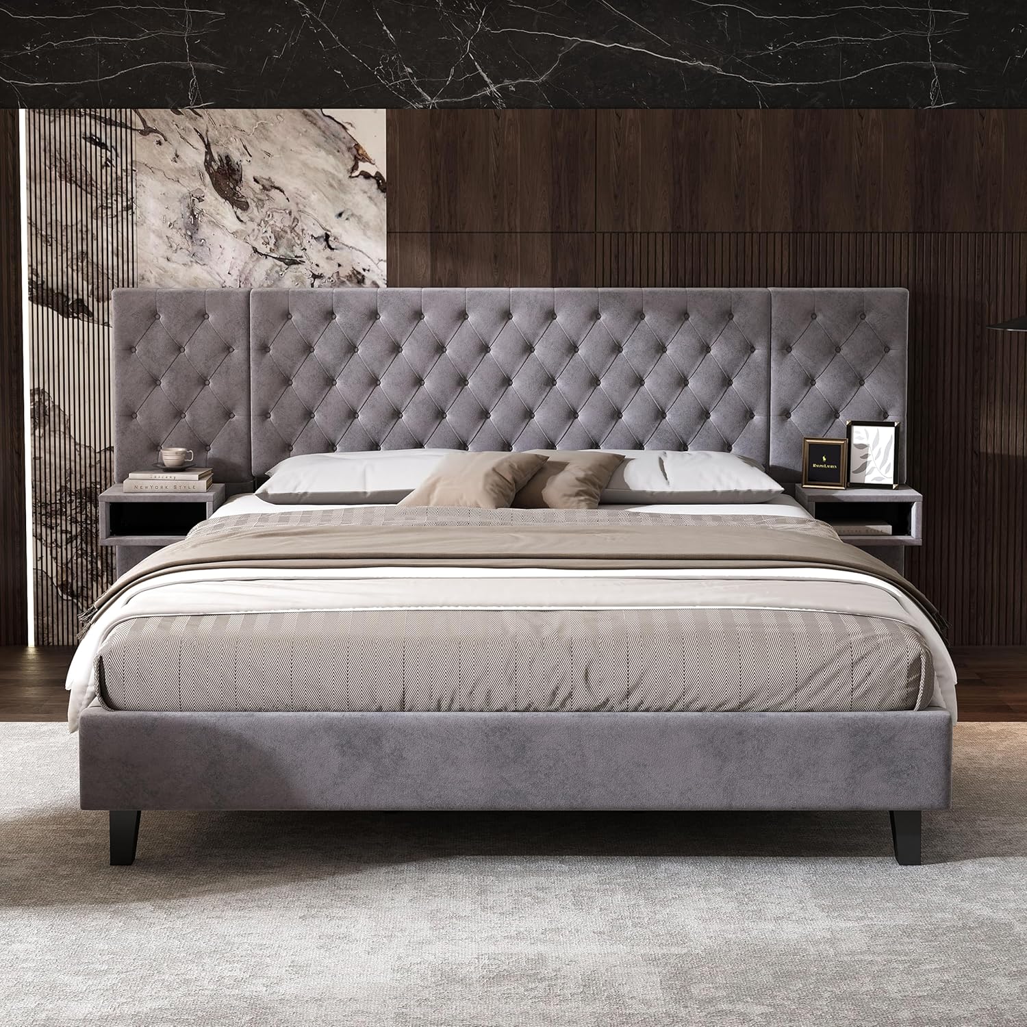 King Size Bed Frame with Diamond Tufted Headboard, Velvet Upholstered Platform Bed with 2 Bedside Tables, Wooden Slats Support, No Box Spring Needed (Grey, King)