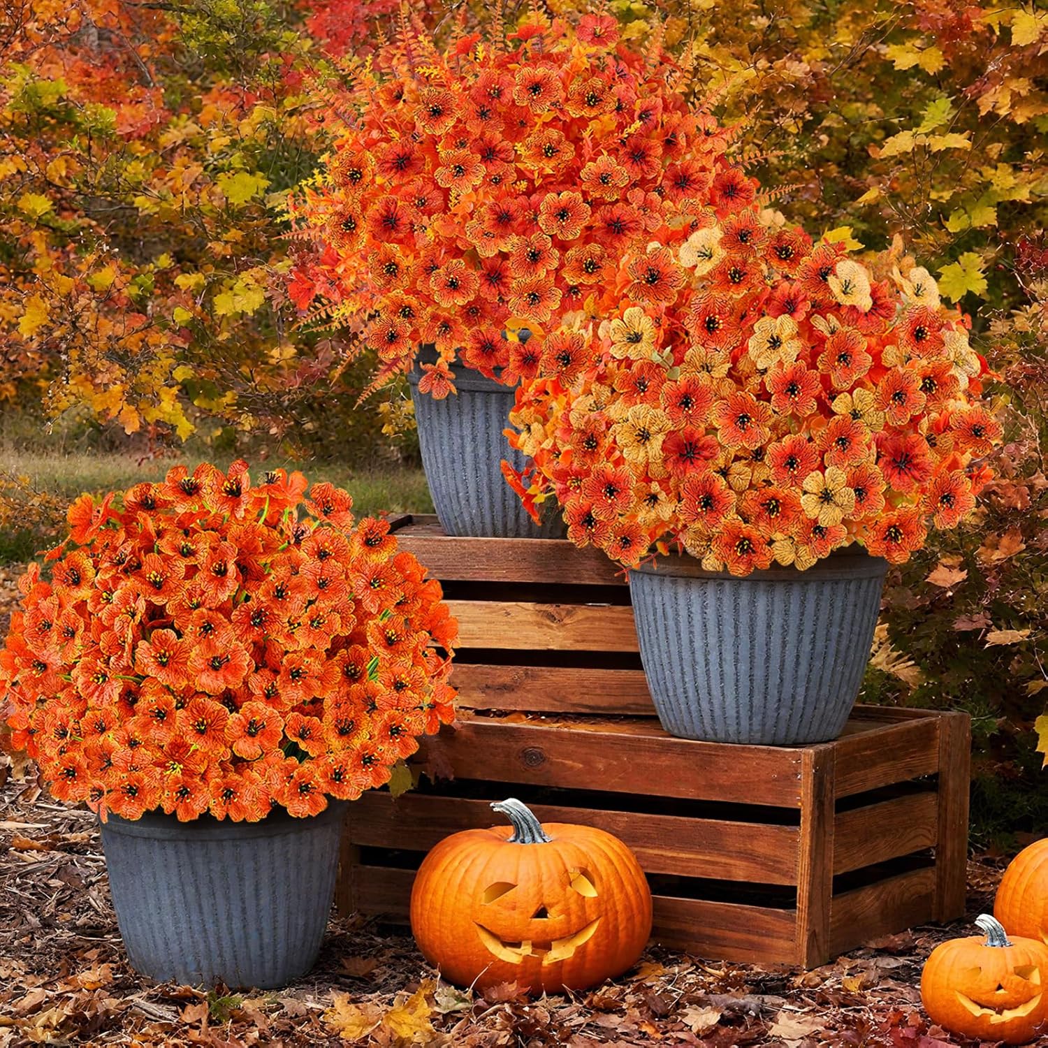 24 Bundles Artificial Fall Flowers for Outdoors, Realistic Fake Silk Flowers for Outside Decoration, Autumn Faux Plants Outdoor Planter Window Box Porch Patio Decor(Orange) - Image 7