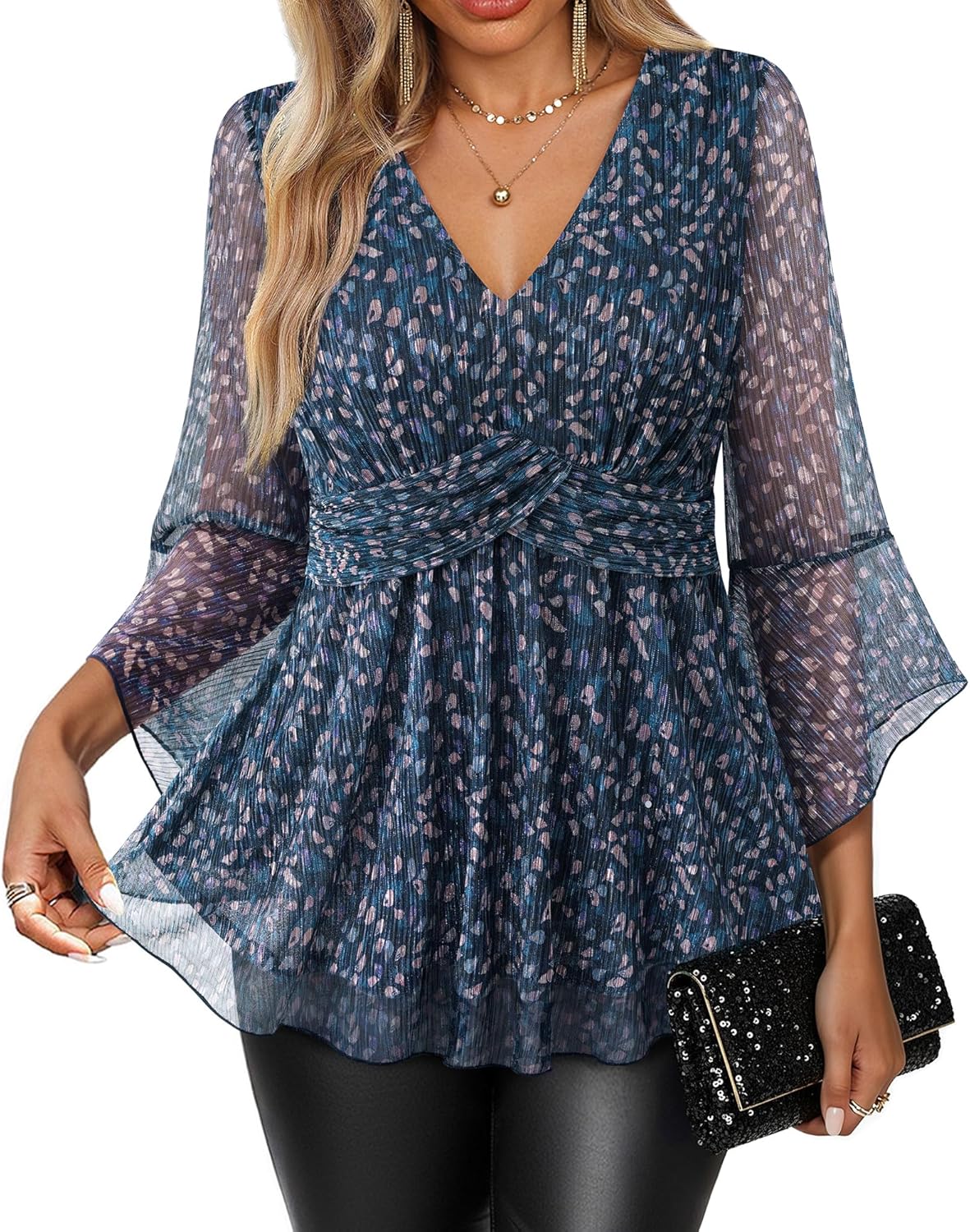 VALOLIA Womens Sparky Tops 3/4 Sleeve Glitter Sequin Shiny Dressy Blouses V Neck Party Evening Cocktail Shirts