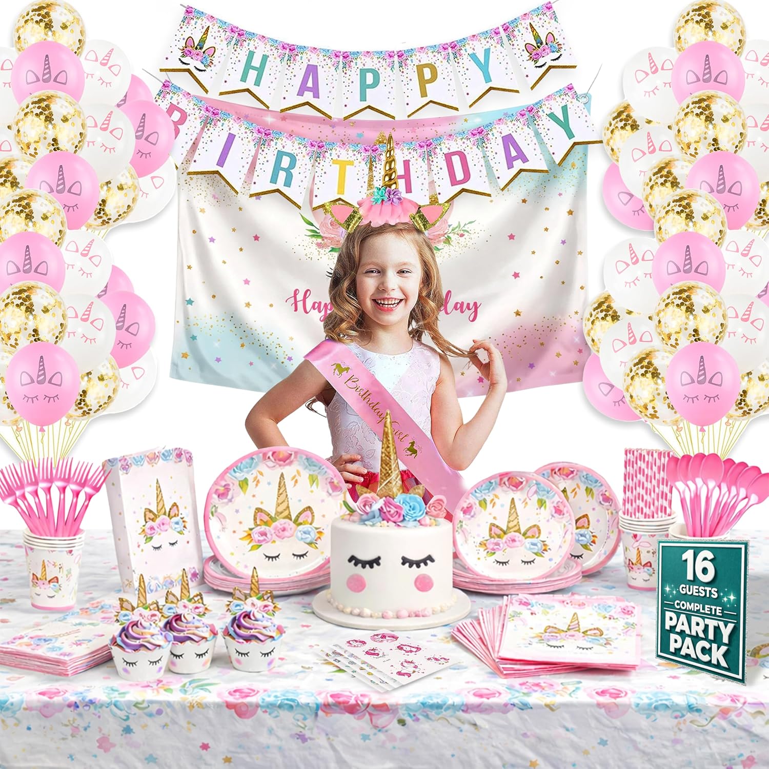 Unicorn Birthday Decorations with Backdrop for Girls- Unicorn Party Supplies Serves 16 Includes Happy Birthday Banner, Unicorn Backdrop, Napkins, Plates, Cake Topper, Headband, Sash & Tablecloth