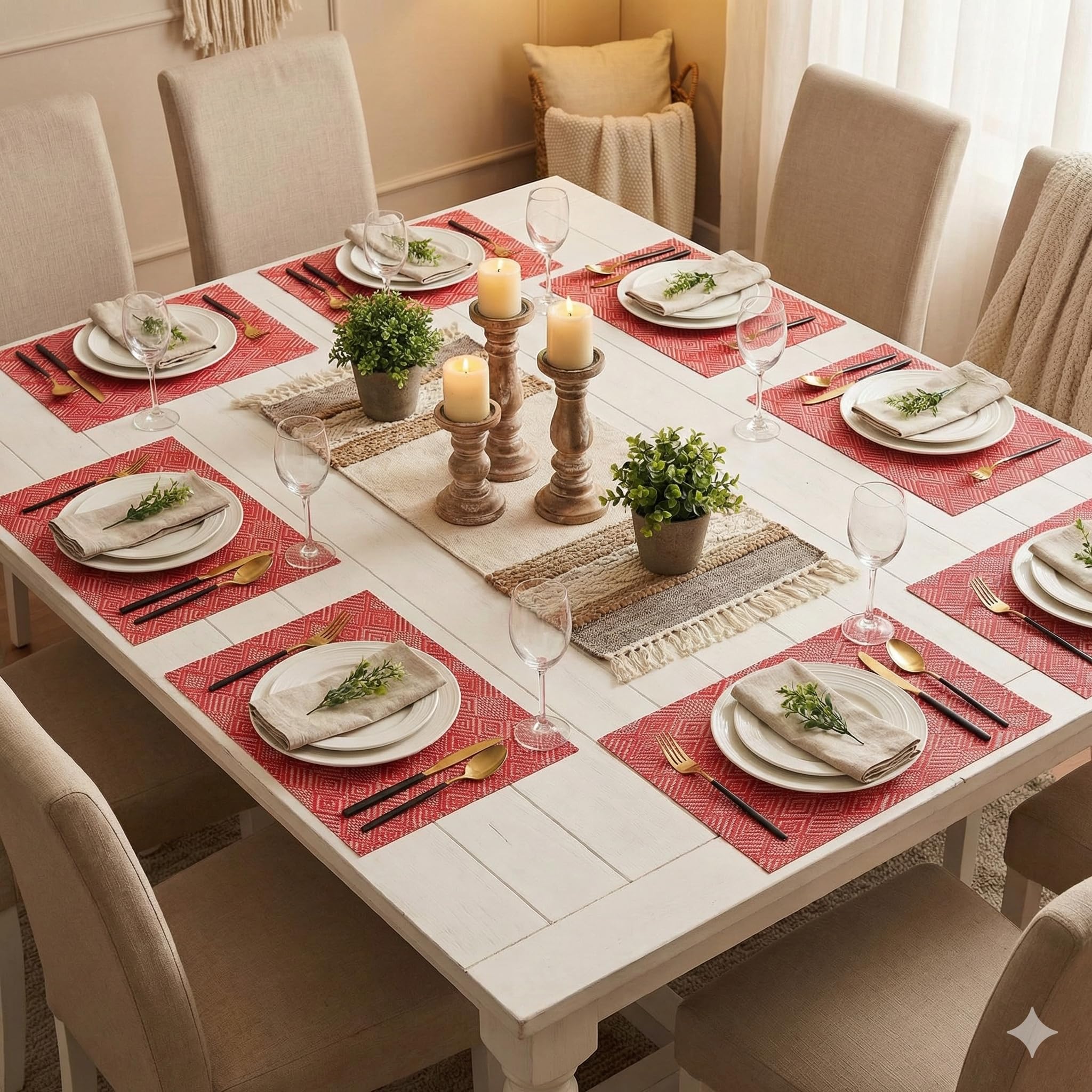 YELONA Placemats Set of 8, Heat-Resistant Woven Vinyl Table Mats, Non-Slip & Washable Dining Tablemats for Kitchen & Dinner Decor, Red & White (45cm x 30cm)