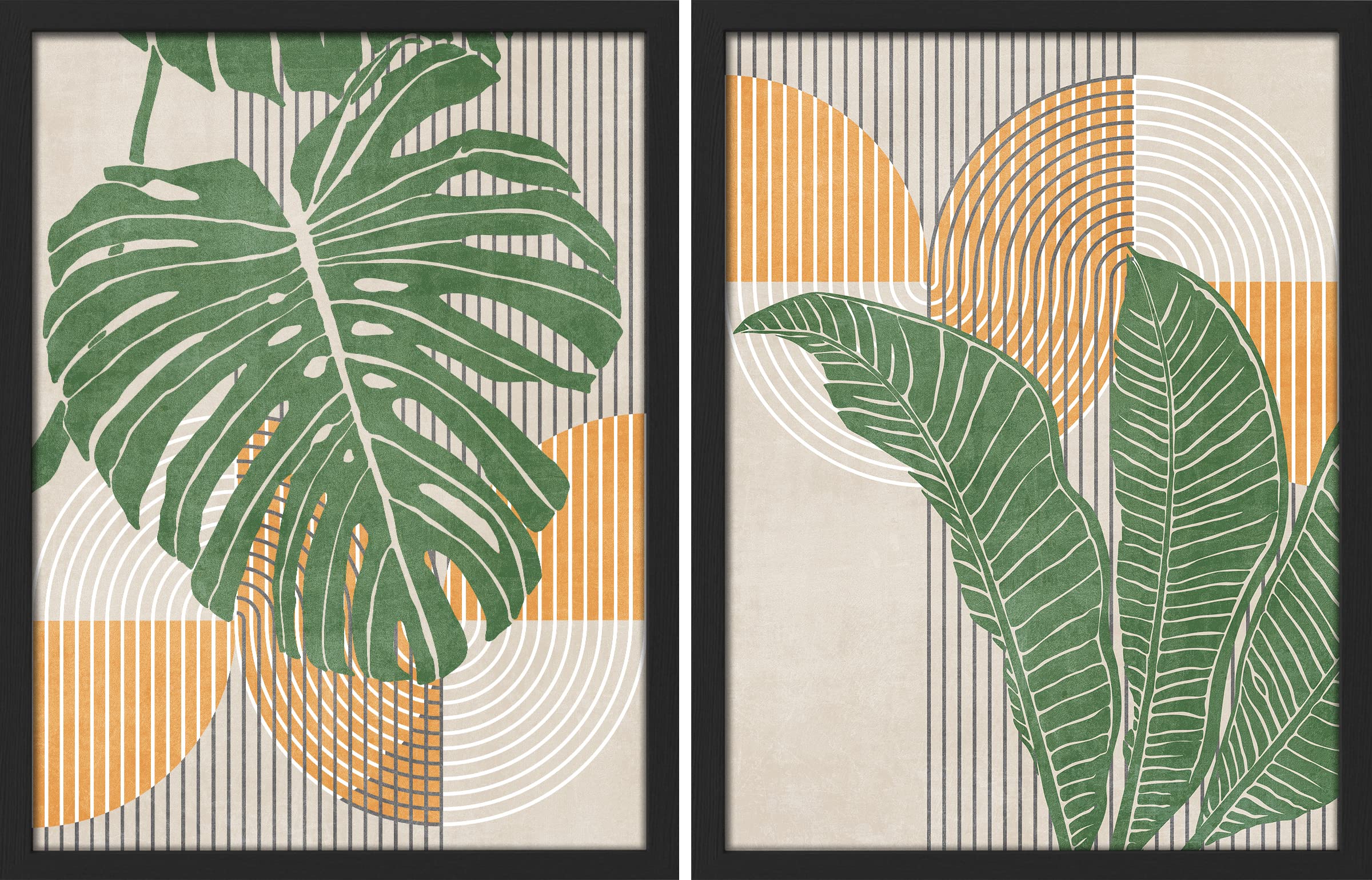 SIGNWIN Framed Mid-Century Tropical Monstera Palm Leaf Wall Art, Set of 2 Landscape Abstract Geometric Wall Décor Prints, Nature Wilderness Wall Décor