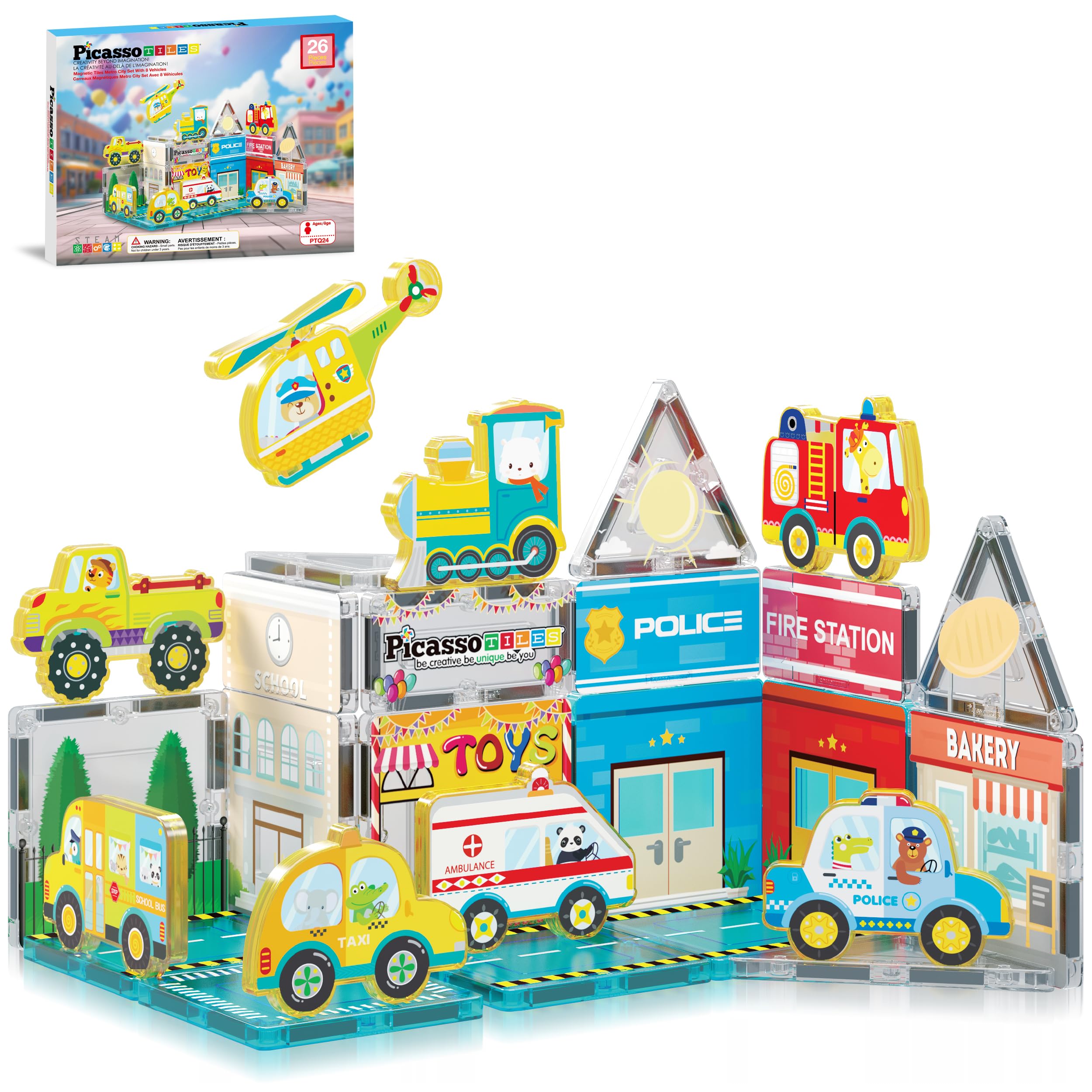Magnet Tile Building Blocks Metro City Themed Playset with 8 Character Action Figures Magnetic Tiles STEM Learning Early Education Toy Construction Set Toddlers Boys Girls Ages 3+ PTQ24