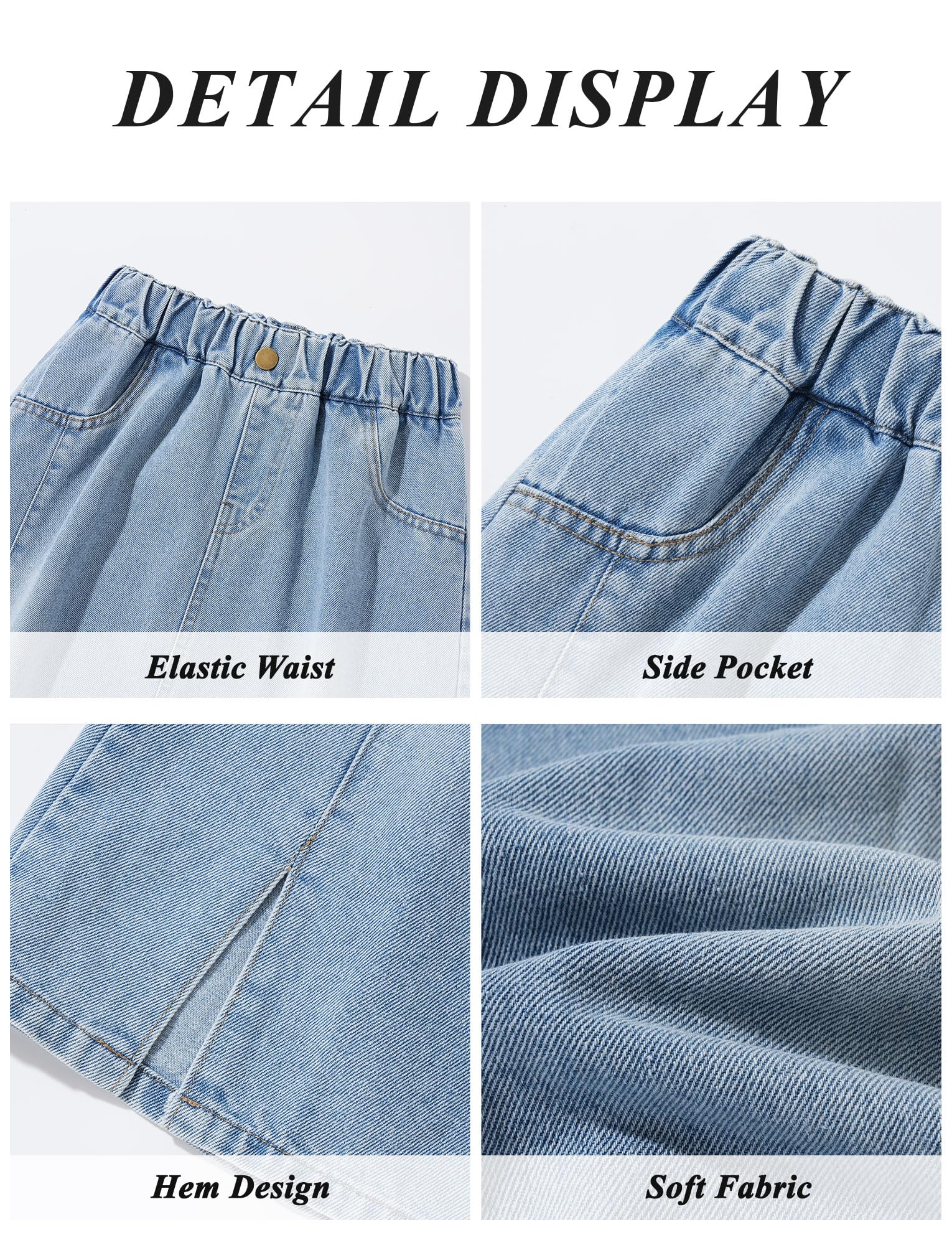 SEAUR Jupe trapèze en jean pour fille - Taille élastique - Longueur genou avec poches - Jupe en jean d'été pour adolescente