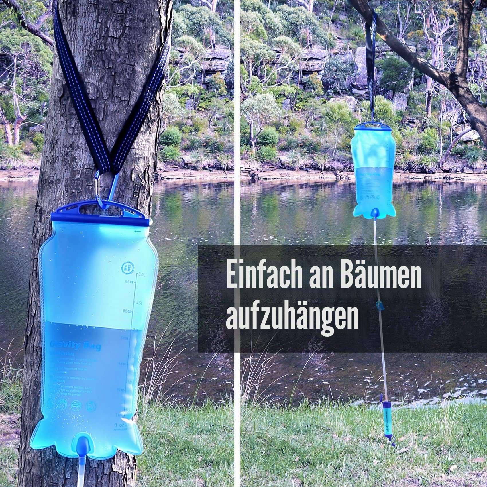 SimPure Gravity Wasserfilter Outdoor, 3L Tragbar Wasserbeutel Camping mit Trageriemen und Aufbewahrungstasche, Filtergenauigkeit bis zu 0,1 Mikron, Entfernt 99,9999% E.coli, Wandern, Reisen