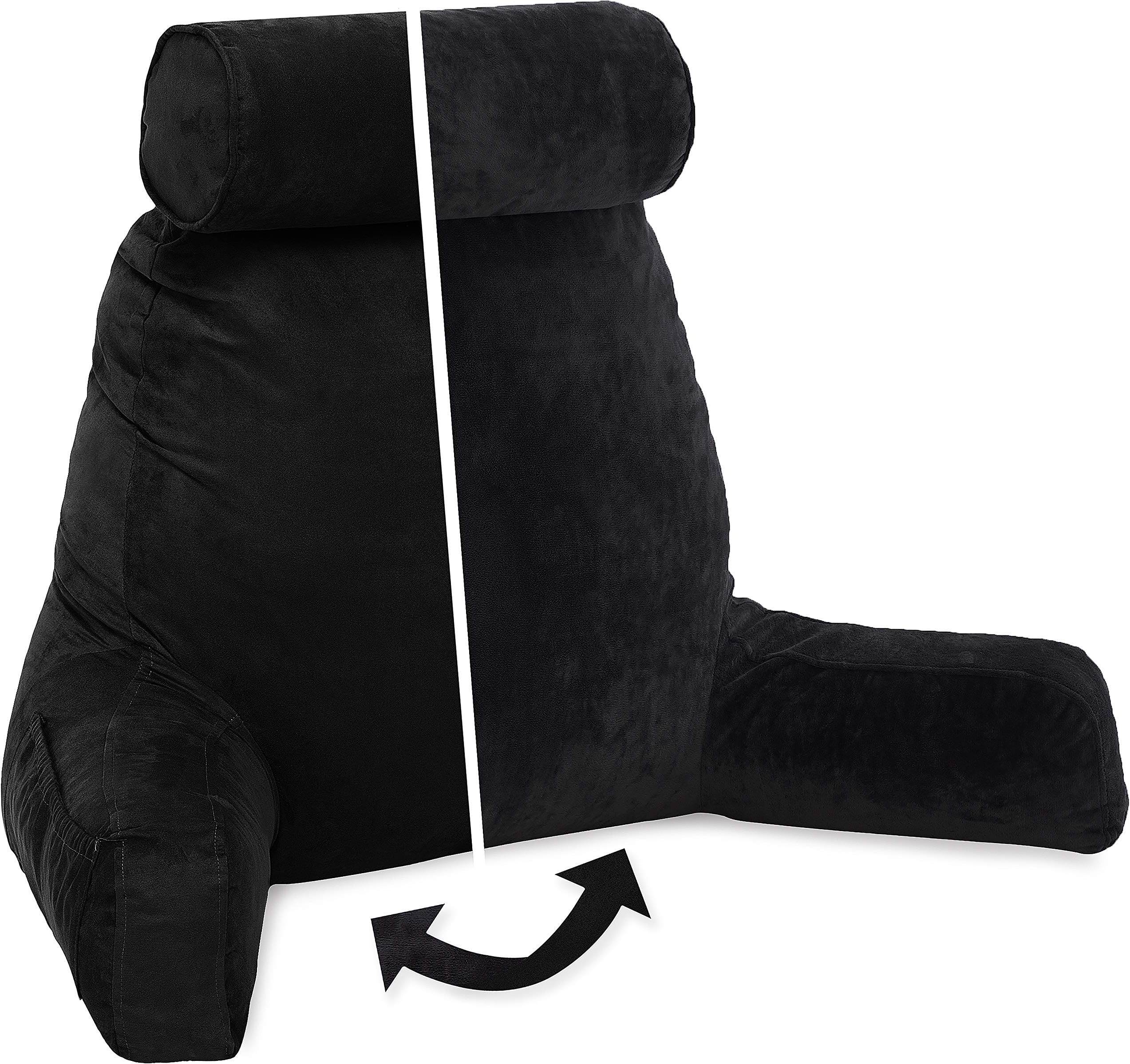 XXL Aspen Edition, Adult Reading Sit Up Bed Rest Pillow for Bed with Arms & Neck Roll on Bungee Cord - Premium Memory Foam - Reversible 2 Sided Cover Micro Suede or Plush, Stable Black