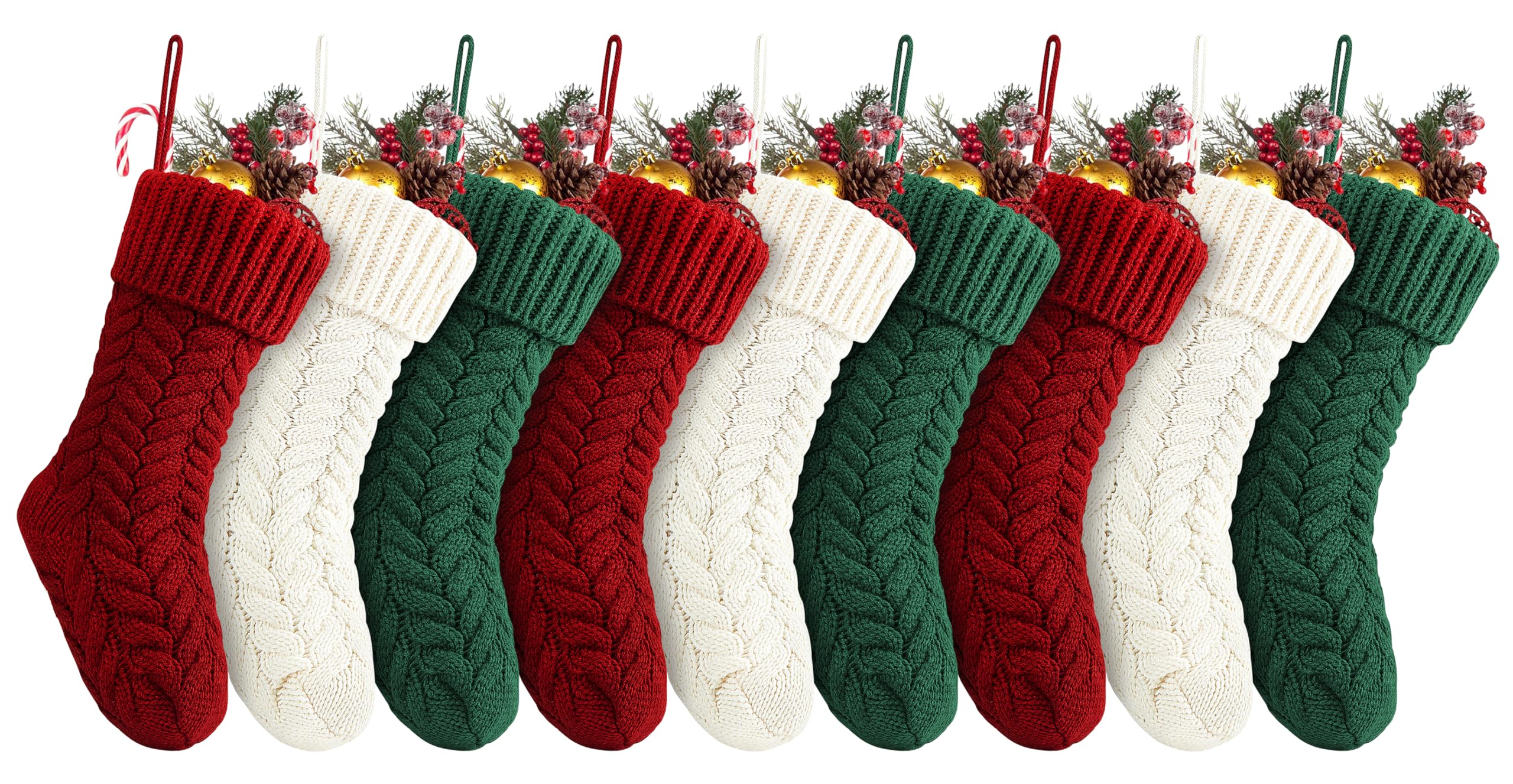 Fesciory 18 Inches Christmas Stockings Bulk, 9 Pack Large Size Cable Knitted Fireplace Hanging Stockings for Family Holiday Xmas Party Decorations, Burgundy&Ivory White&Green