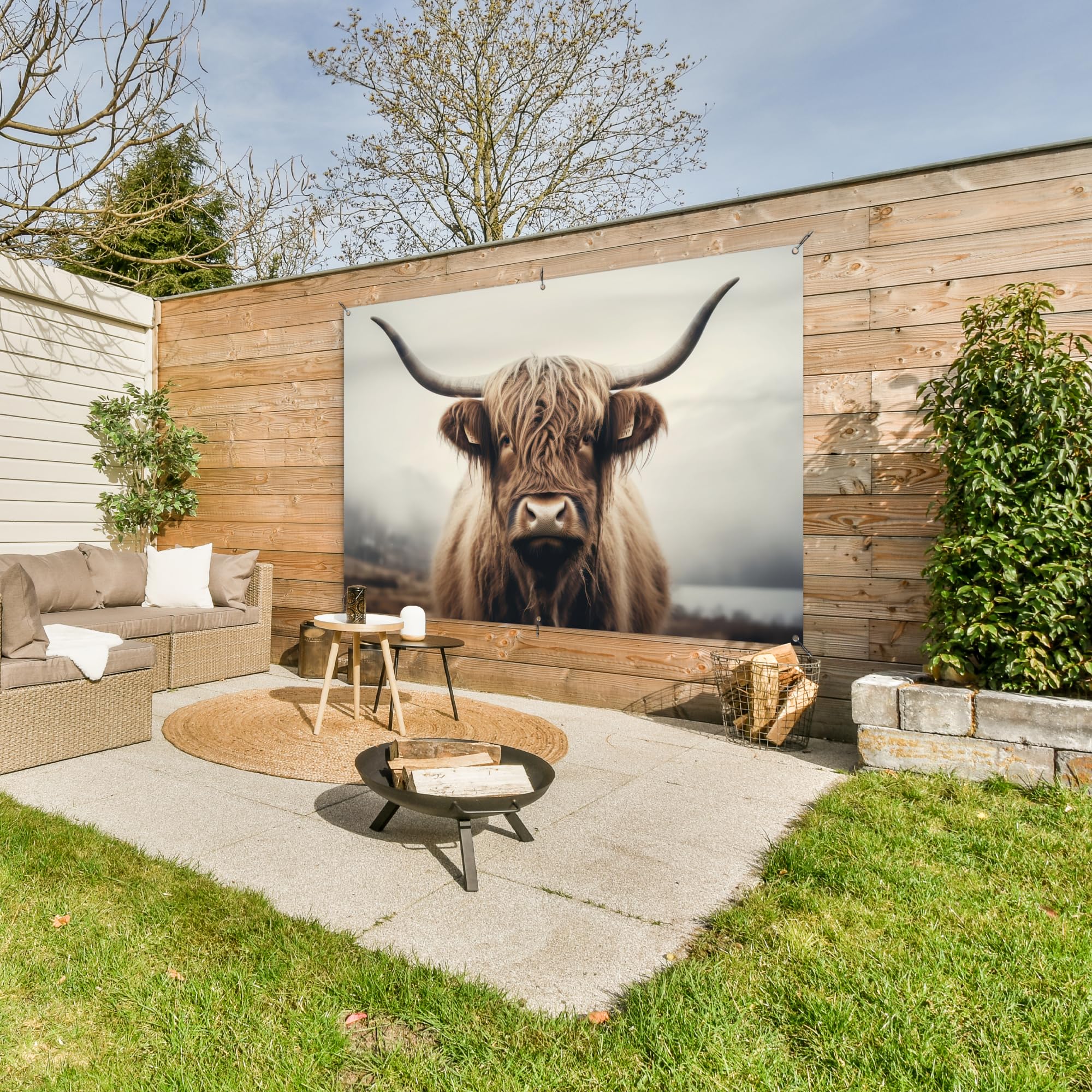 MuchoWow© Poster De Jardin Decoracion Balcón Wall Decoration Adornos Pared | 180x120 cm - Terraza Exterior Decoración Patio Posters Decorativos Highlander escocés - Cuernos - Paisaje