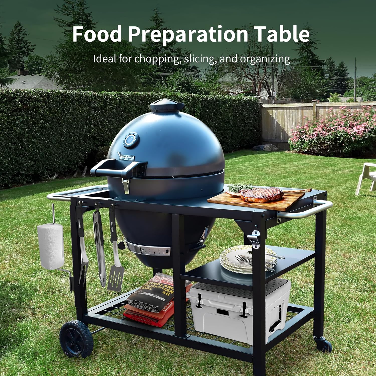 Brand-Man Charcoal Grill & Smoker Steel Kamado - 22" Cast Iron Grates, Grilling Basket, Large Prep Table Cart, Ideal for Outdoor Cooking