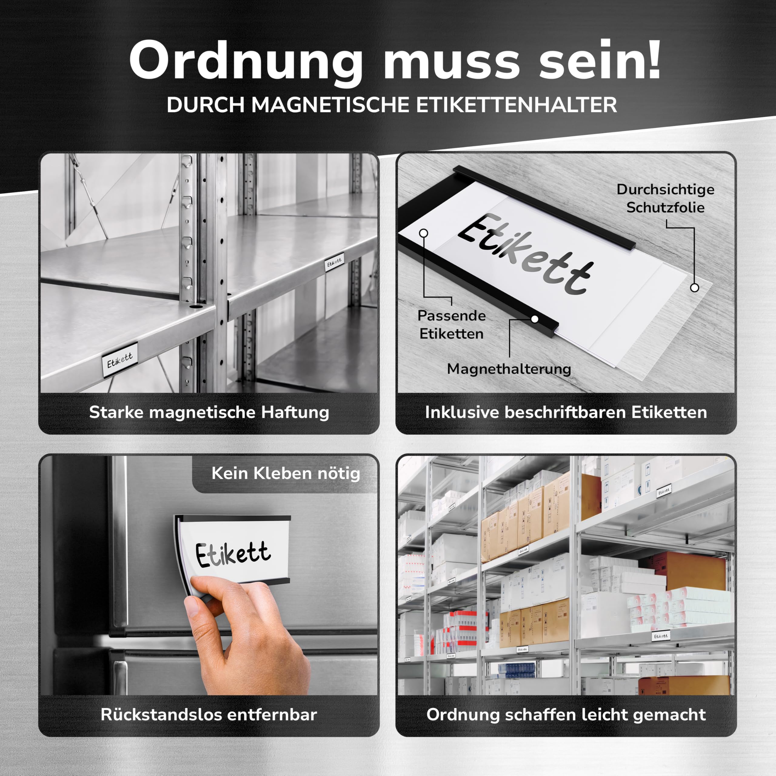Magnetschilder zum Beschriften 40 x 100mm - 50 Stück - Magnetische Etikettenhalter C-Profil für Regale, mit Schutzfolie & Einlage hält auf allen metallischen Flächen – für Lager, Büro & Einzelhandel