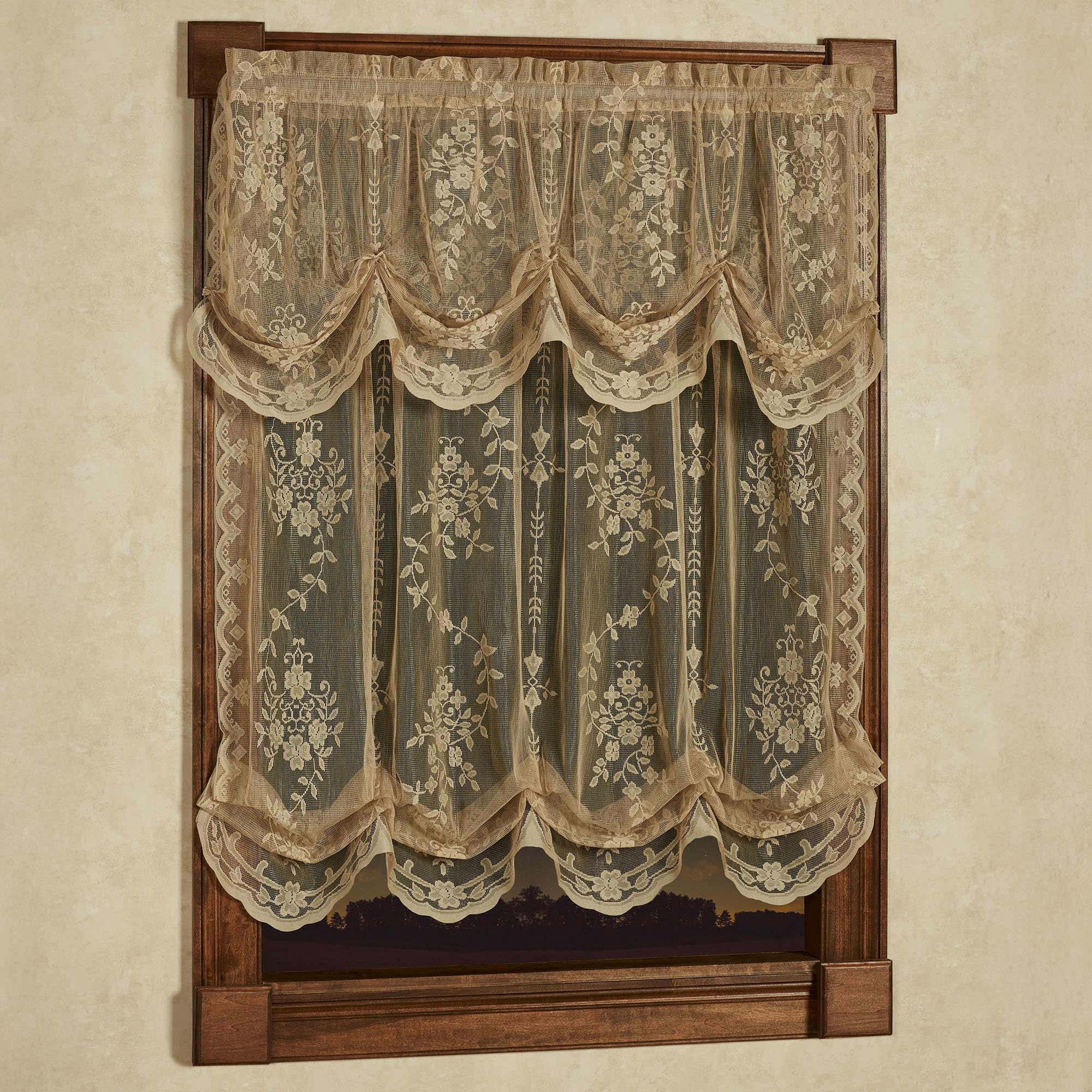 Luxury Sheer Polyester Fiona Lace Window Treatment | Beautiful Balloon Window Shade, Tuck Valance | Timeless Classic Traditional | Antique Gold | Elegance | Rod Pocket | Machine wash Light Filtering