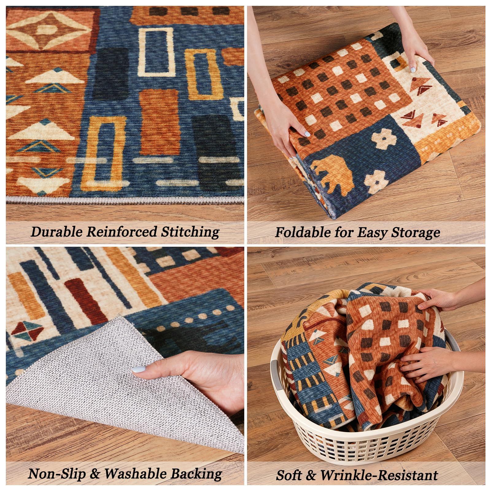 Kurzflor Teppich Tiere Patchwork 120x160cm Waschbarer Teppich Schlafzimmer | Waschbarer Rutschfester Teppich mit weicher Oberfläche, Boho Designteppich für Wohnzimmer, Esszimmer, Büro und Flur – Animals