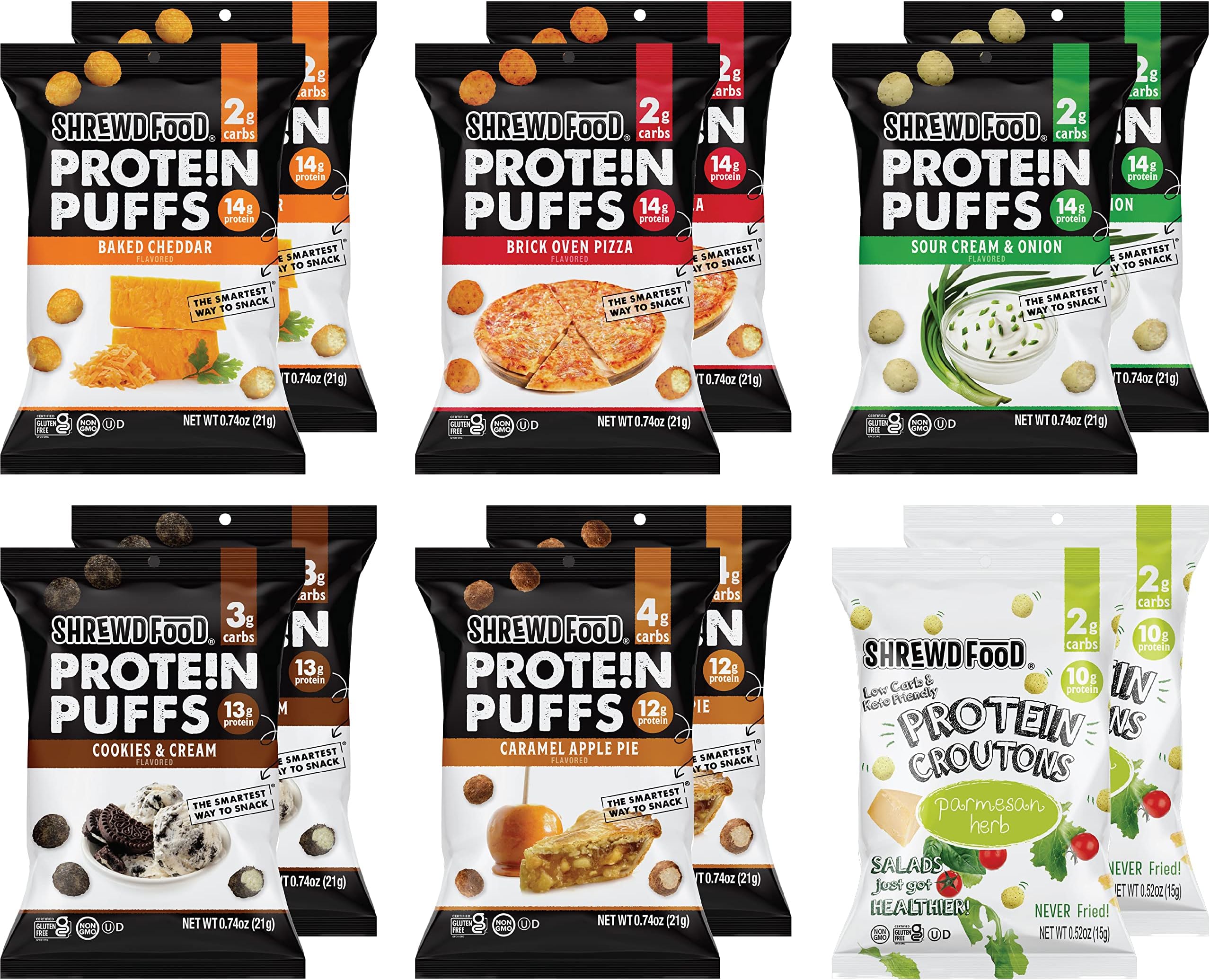 Shrewd Food Protein Puffs - High Protein, Low-Carb, Gluten-Free, Health Conscious Snacks, Keto Snacks, Non GMO, Soy-Free, Tree Nut Free, Peanut-Free, Never Fried - Variety, 0.74 Oz (Pack of 12)