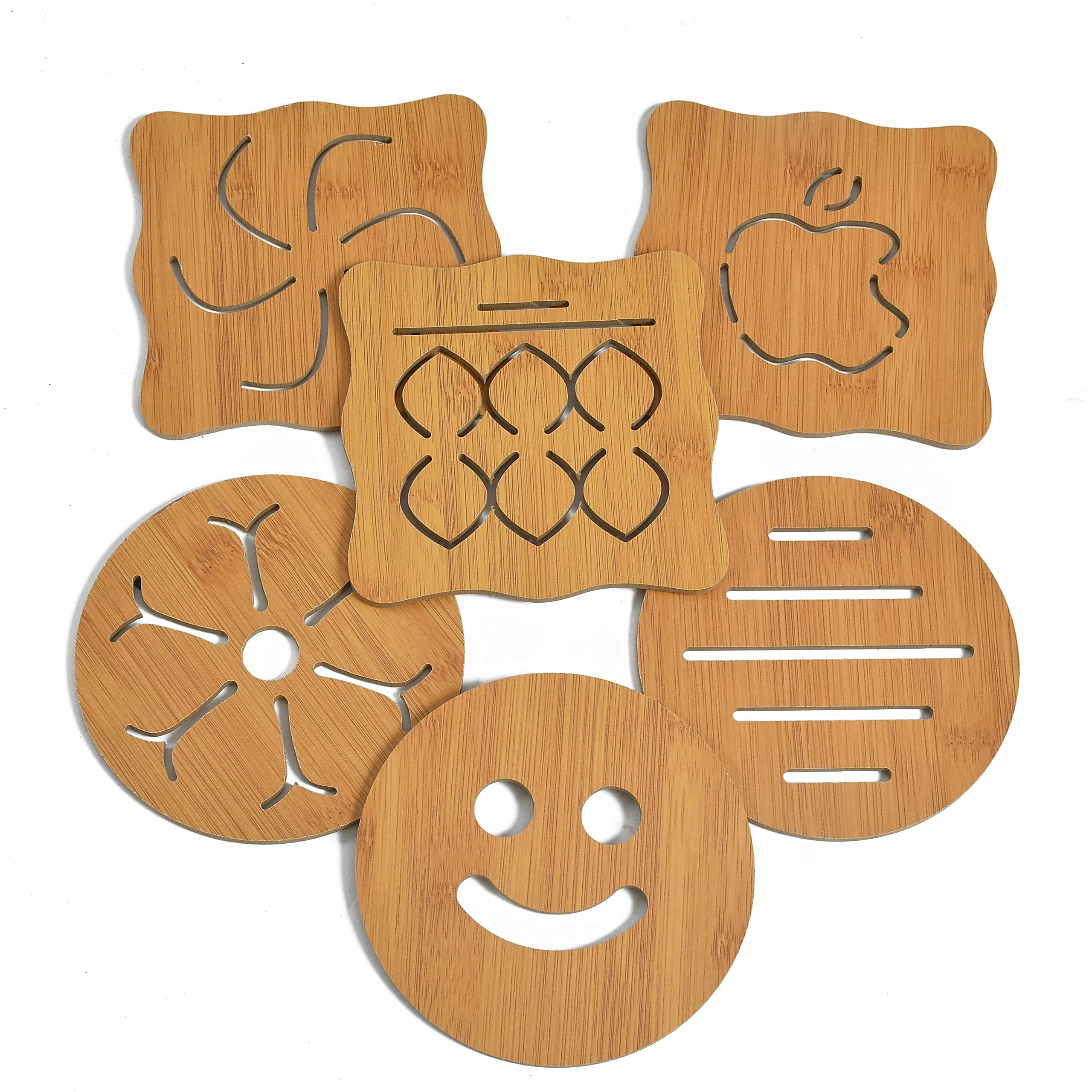 Yellow Weaves 6 Pieces Bamboo Wood Coasters or Heat Insulation Pad/Table Mats Placemats for Big Pans Pots Brown (15 X 15 Cms)