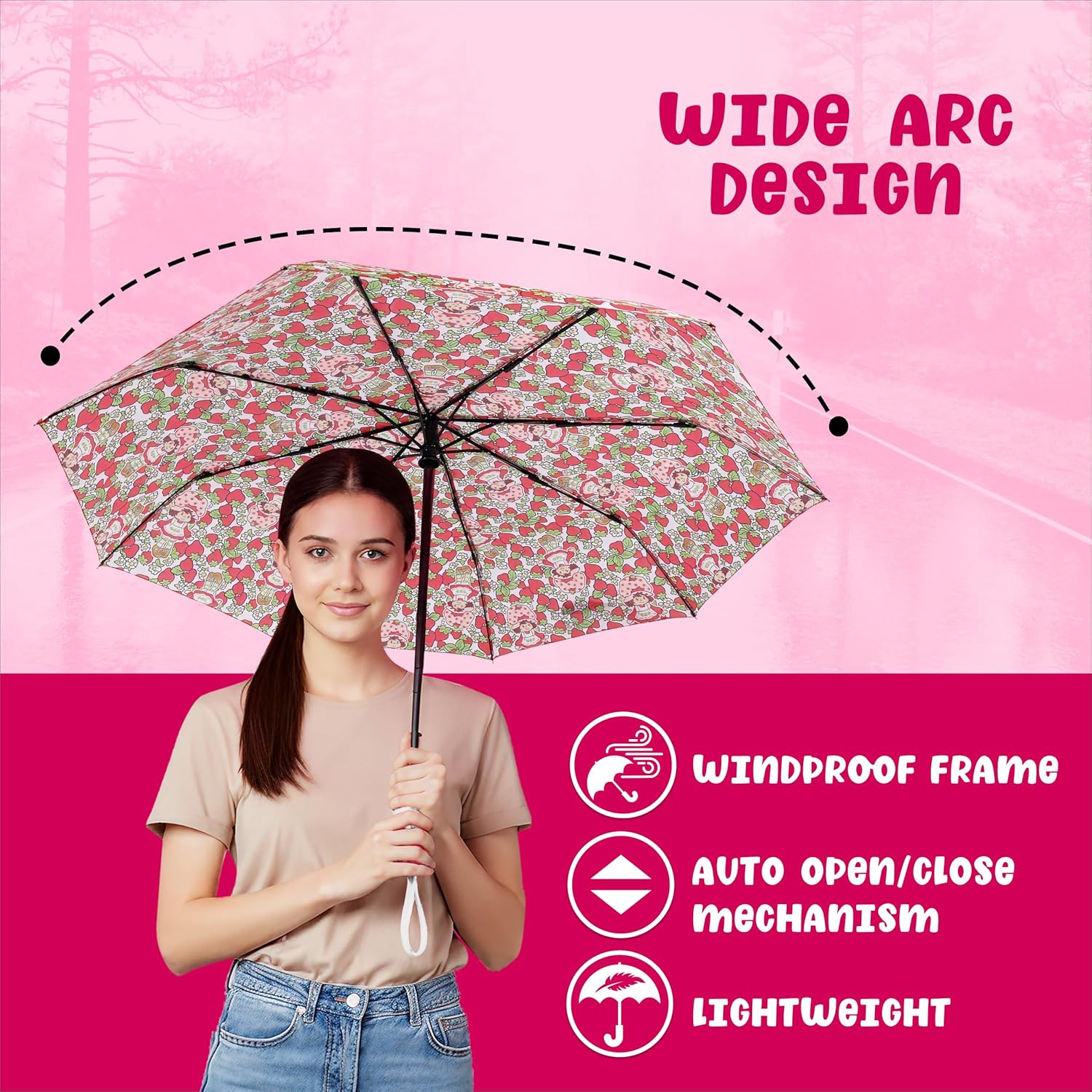 Concept One Strawberry Shortcake Toss Print Umbrella, Compact Auto Open and Close, Durable Frame, Matching Sleeve, Multicolor