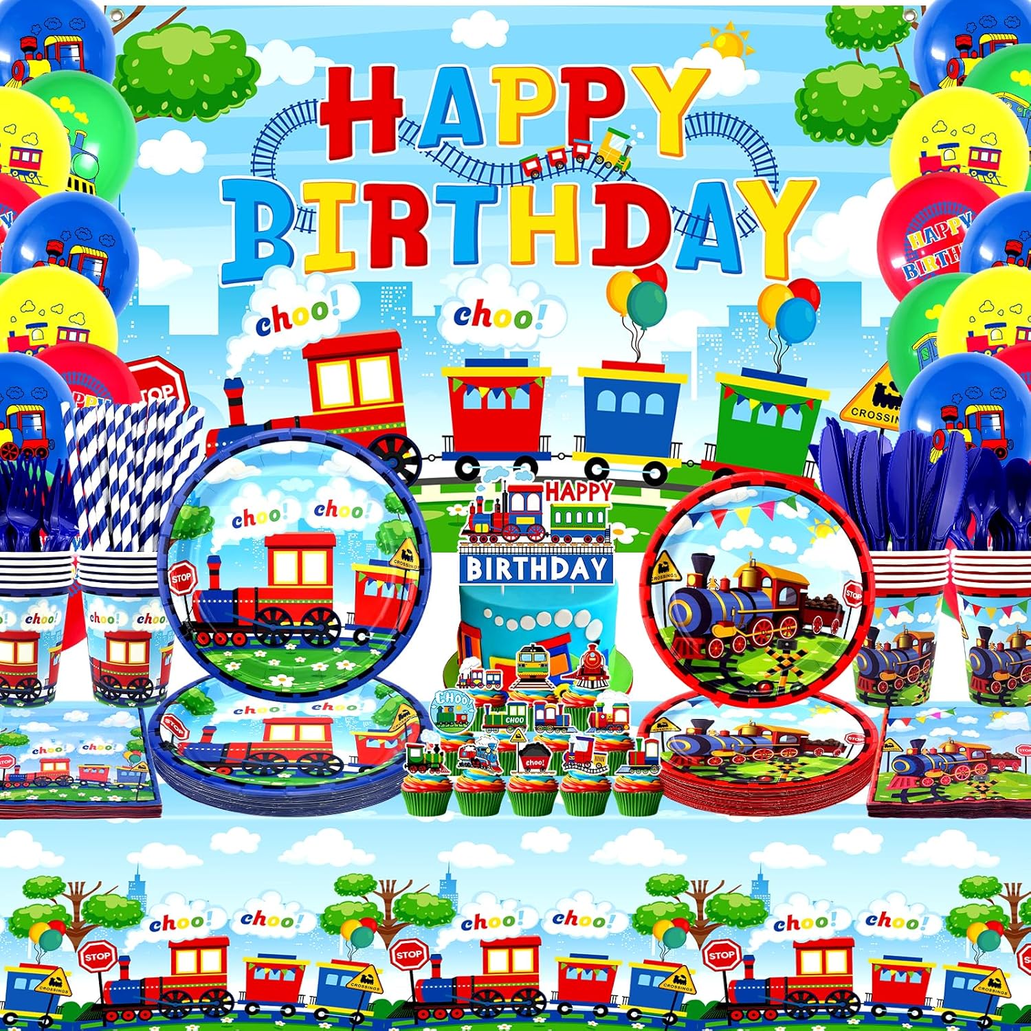 Train Party Supplies , Includes Happy Birthday Party Backdrop, Plates, Cupcake Toppers, Napkins, Cups, Tablecloths, for Train Party Vehicle Party Decorations Serves 20