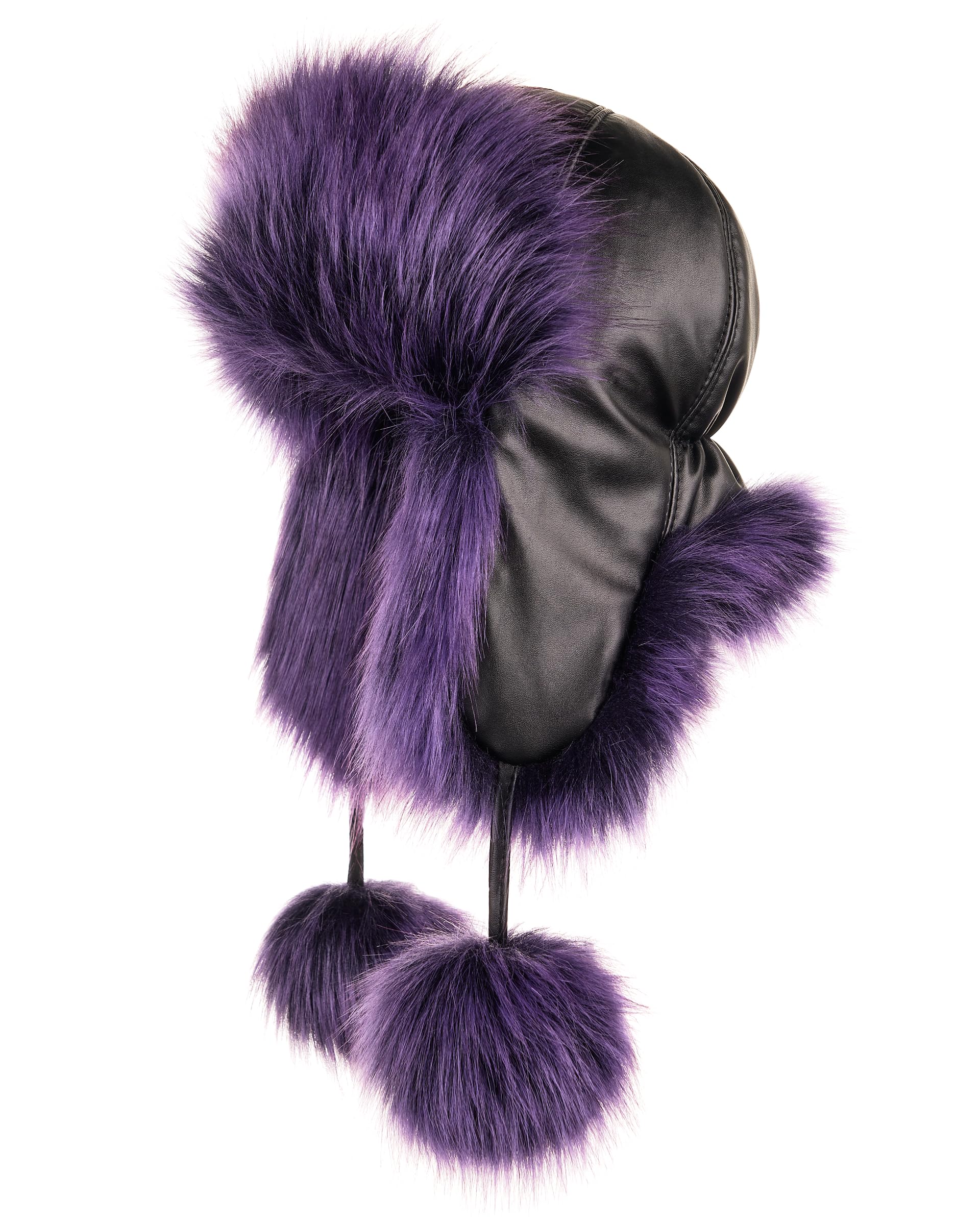 FutrzaneFaux Fur Trapper Hat for Women - Dense Fur - Faux Leather Aviator Hat (Black - Purple)