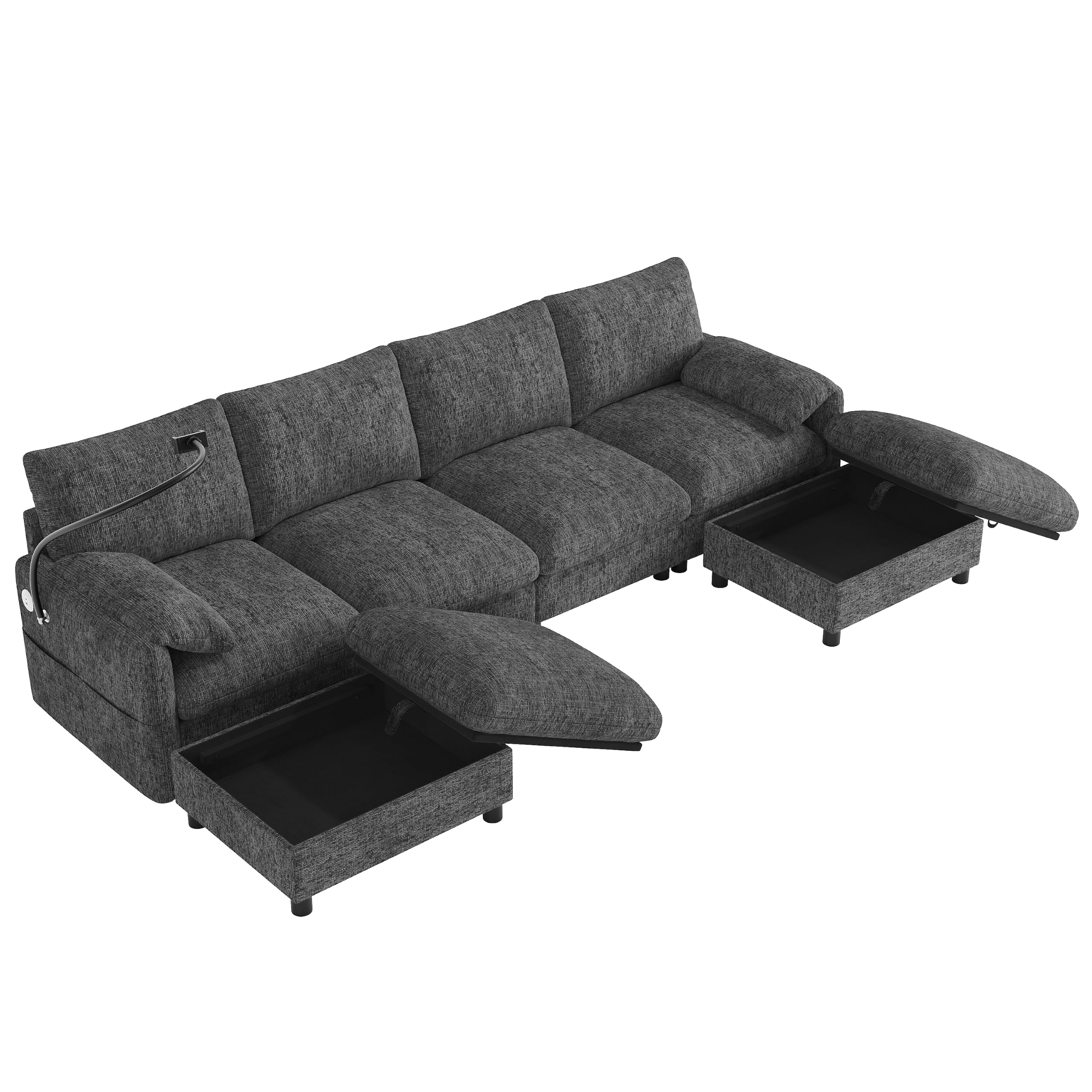 Sofa Modular Esquinero en Forma de U/L con 2 Taburetes de Almacenaje | Sofa Rinconera con USB y Soporte para Móvil, Sofas de Salon para 6 Personas, Chenilla, 273.5x133x81 cm, Gris