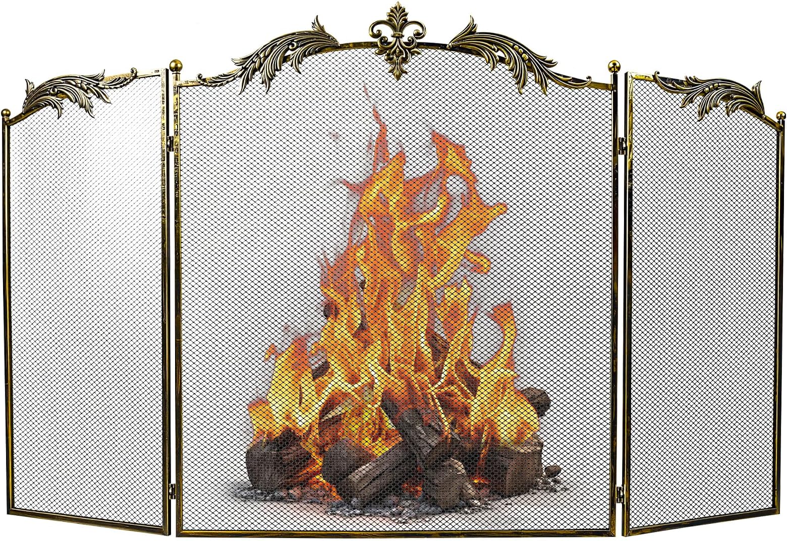 WICHEMI Fireplace Screen 3 Panel Folding Fireplace Screens 50.4 x 32.3 Inch Metal Furnace Fireguards Mesh Cover Baby Safe Proof Fence Spark Guard Cover Wrought Iron Fire Place Standing Gate (Style 2)