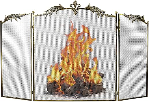 WICHEMI Fireplace Screen 3 Panel Folding Fireplace Screens 50.4 x 32.3 Inch Metal Furnace Fireguards Mesh Cover Baby Safe Proof Fence Spark Guard Cover Wrought Iron Fire Place Standing Gate Style 2