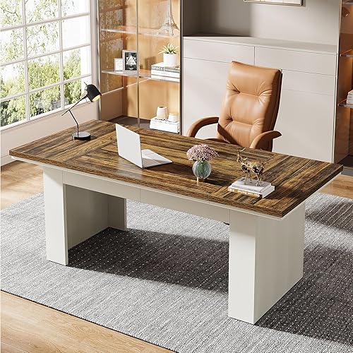 Miniatura 5 de Tribesigns Escritorio de oficina ejecutivo de 63 pulgadas, escritorio moderno para computadora para oficina en casa, fácil montaje, marrón y blanco