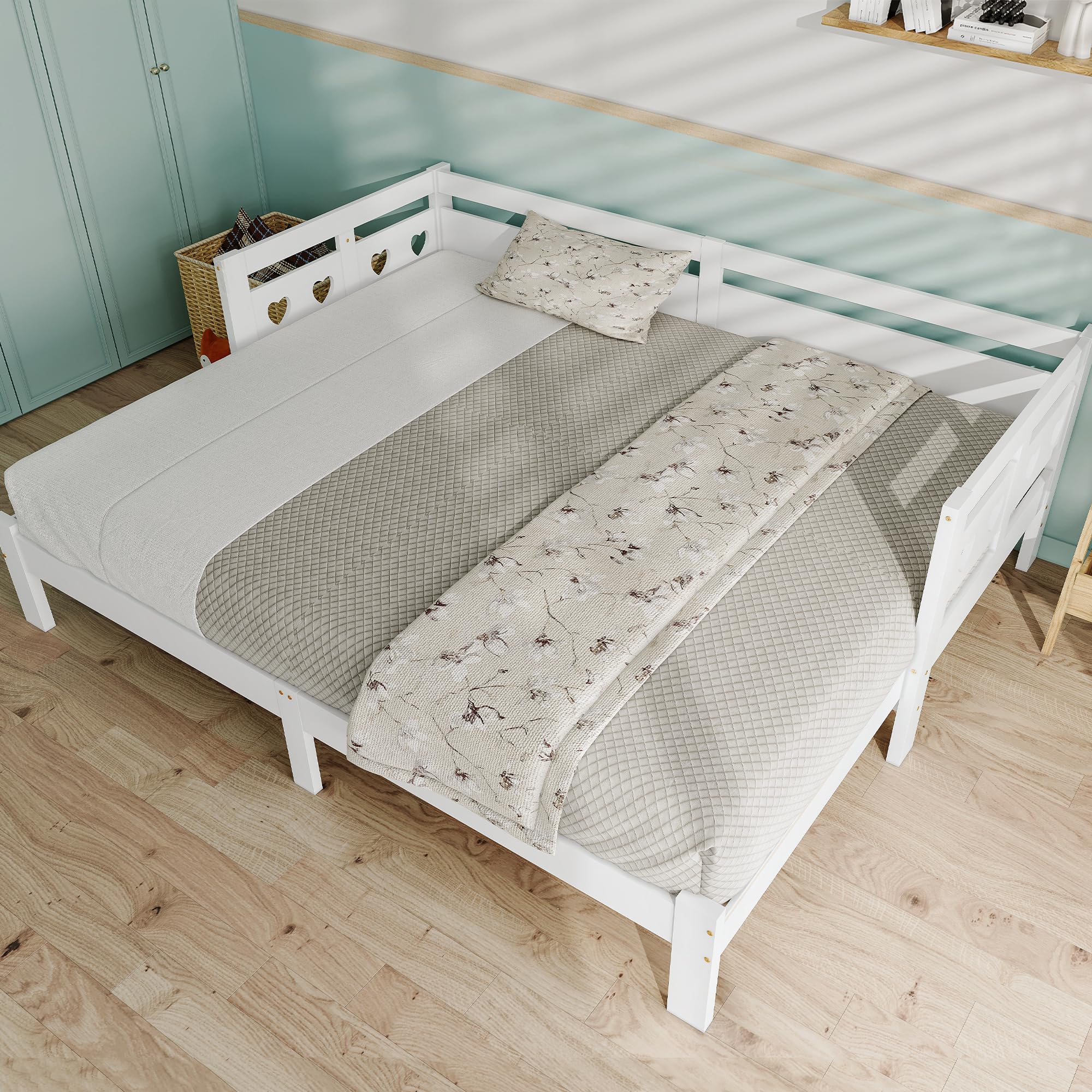 Letto allungabile, in pino massiccio, con 2° posti letto e rete a forma di cuore, bianco, letto diurno (90 x 200 cm)