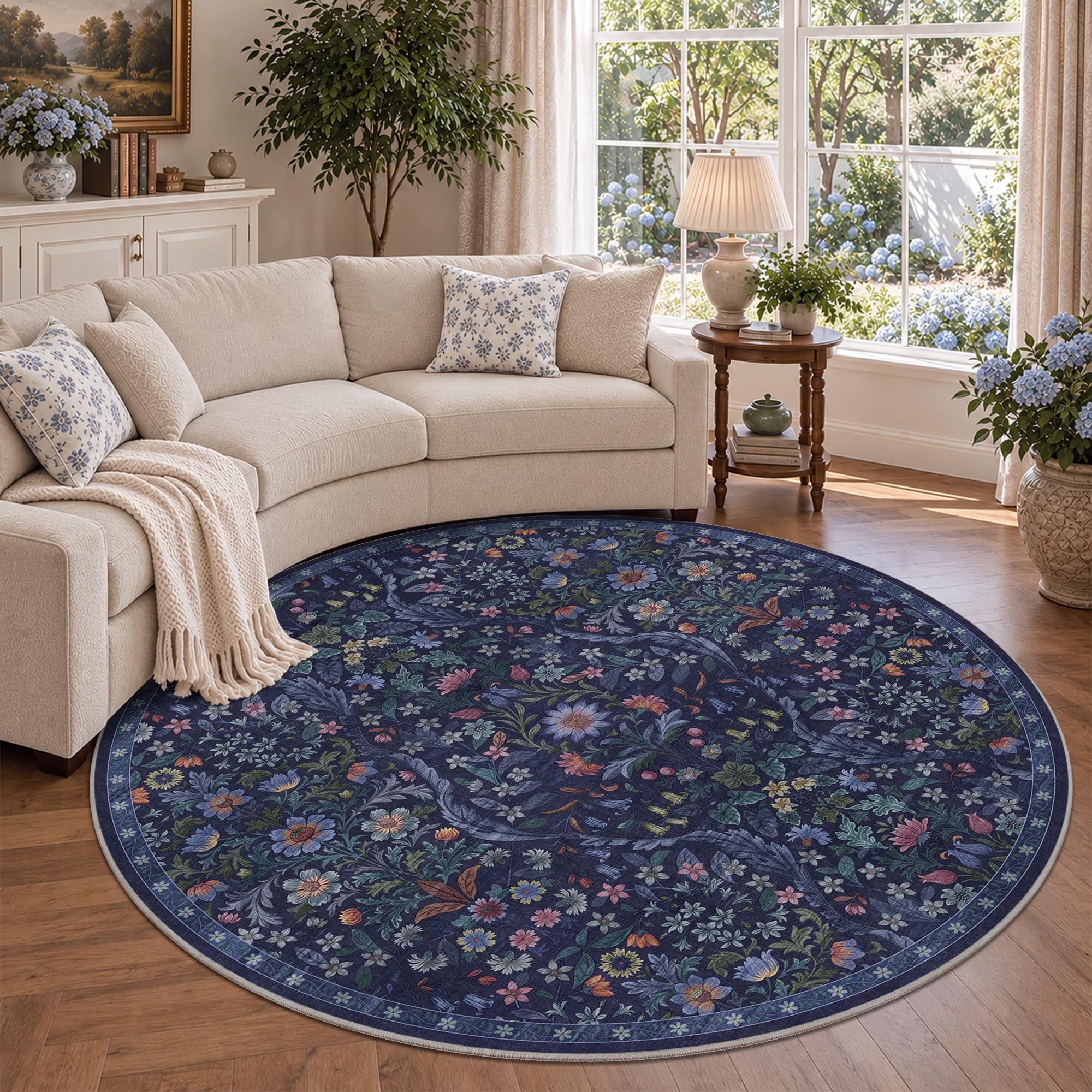 Round Rug 6ft Floral Circle Rug Blue Botanical Indoor Area Rugs