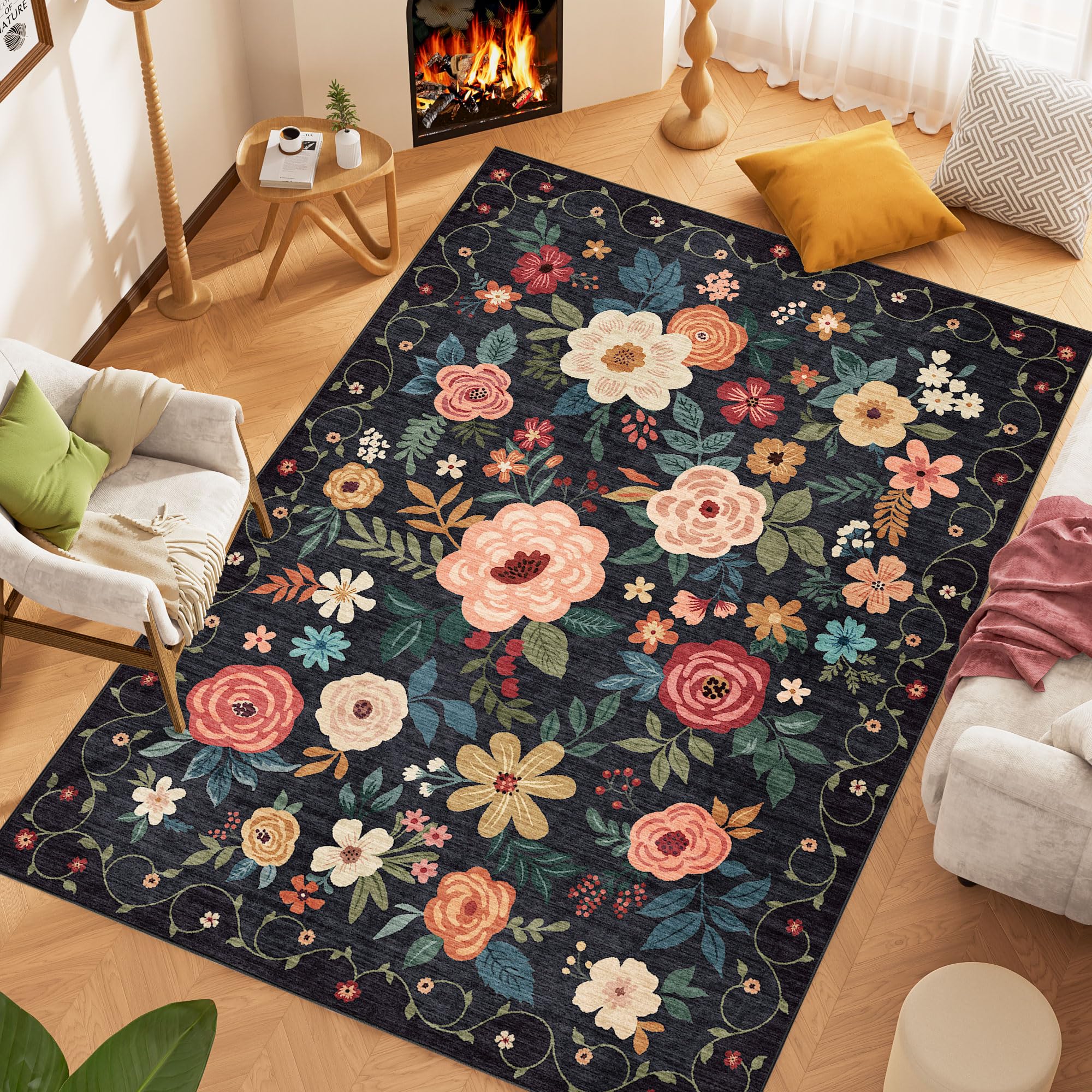 DUKINO 5x7 Area Rug, Floral Design, Lightweight Non Slip Washable, Indoor Low Pi - product photo