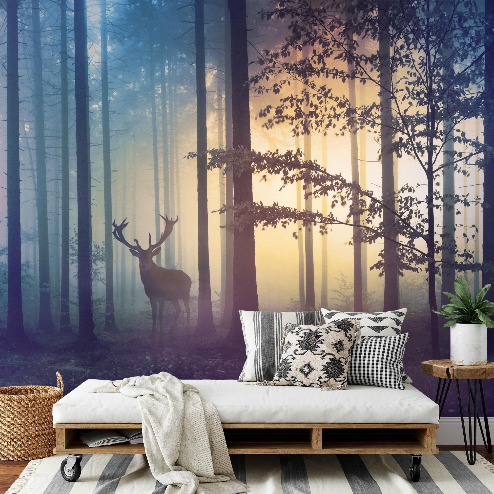 Runa Art Carta da parati fotografica Foresta cervi nebbia 352 x 250 cm Vello Sfondo Murale XXL Moderne Decorazione Soggiorno Camera De Letto Sala Ufficio giallo blu 9338011a