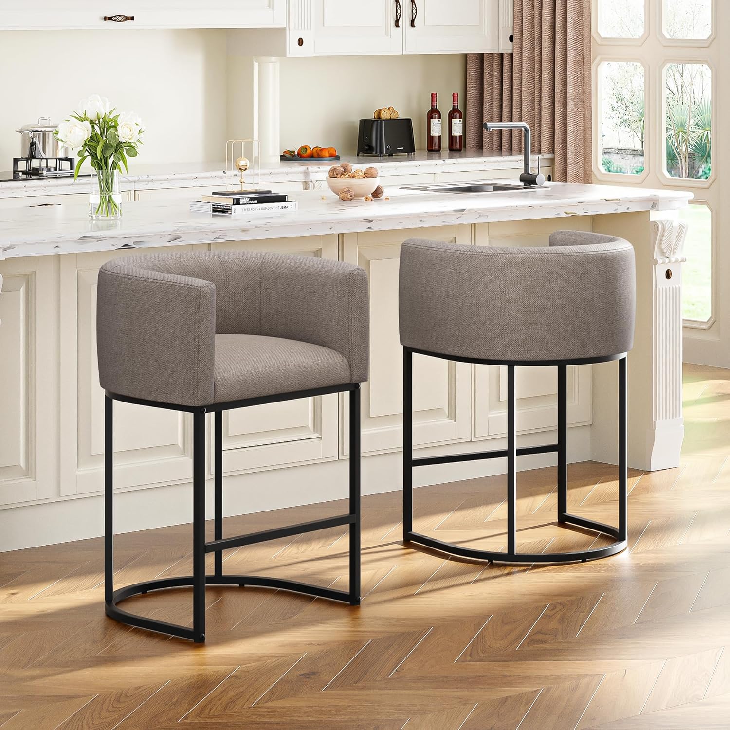 VATROS 26" Counter Height Bar Stools Set of 2 - Modern Barrel with Backrest & Arms, Linen Upholstered, 450 lbs Kitchen Island Stools (Sand)