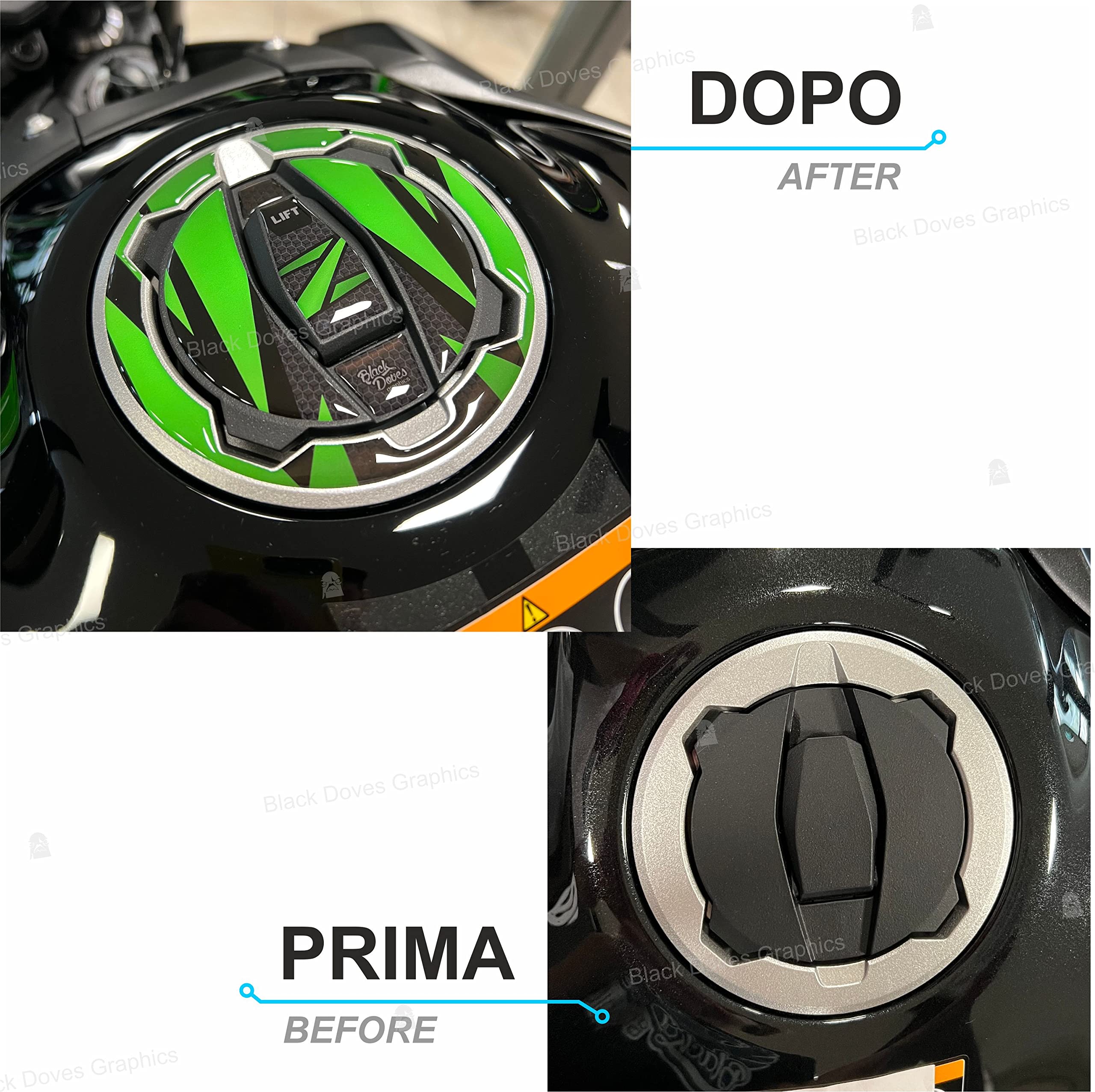 Black Doves Graphics – Adesivo 3D Resinato Protezione Tappo Serbatoio compatibile con Kawasaki Ninja 400/500, Z400/500/650/900, Versys 300/650/1000, ZX6R, ZX10R, Ninja 1000SX, Z H2, KLX230 (2017–2025)