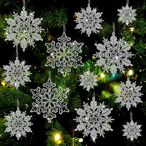 Miniatura 12 de 36 adornos de copos de nieve plateados iridiscentes de Navidad, copos de nieve colgantes de plástico con purpurina para decoración de árbol de Láser