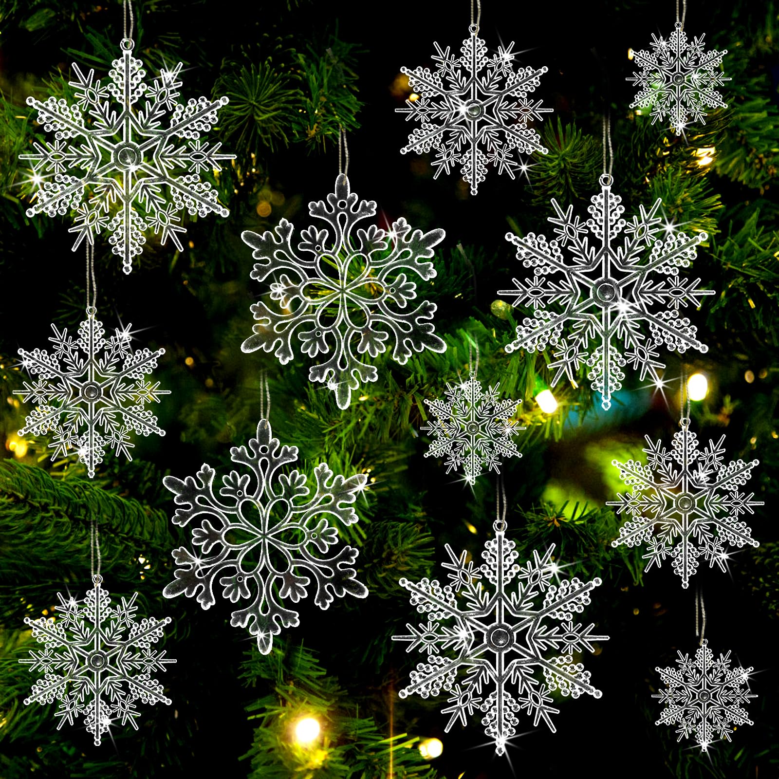 Adornos de copo de nieve transparentes de plástico para colgar en árbol y techo