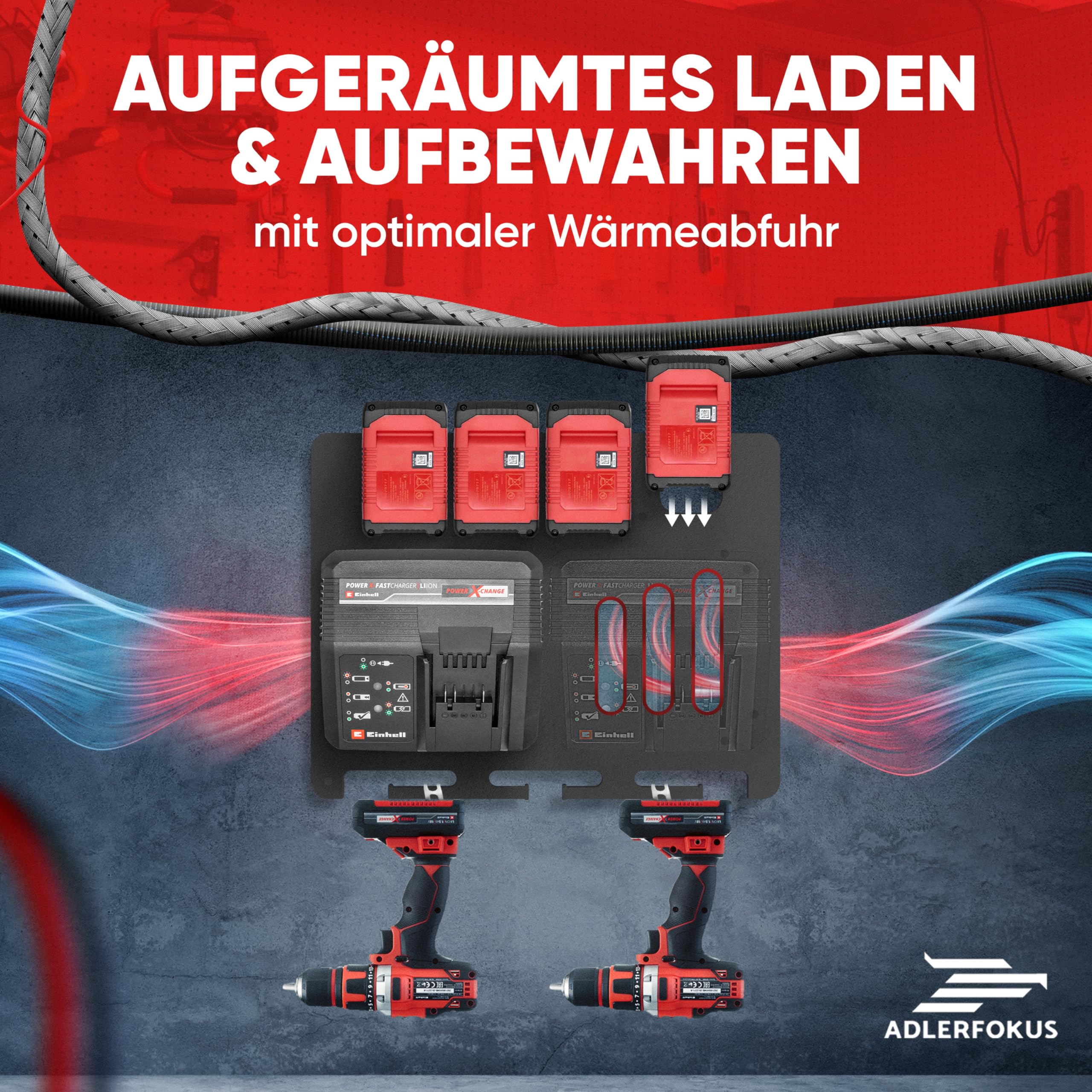 Adlerfokus Wandhalterung für Einhell Akkus & Ladegeräte [Made in Germany] Akkuhalter mit Premium Montagematerial - Akku Wandhalterung 18V - Einhell Akku Halterung Wand