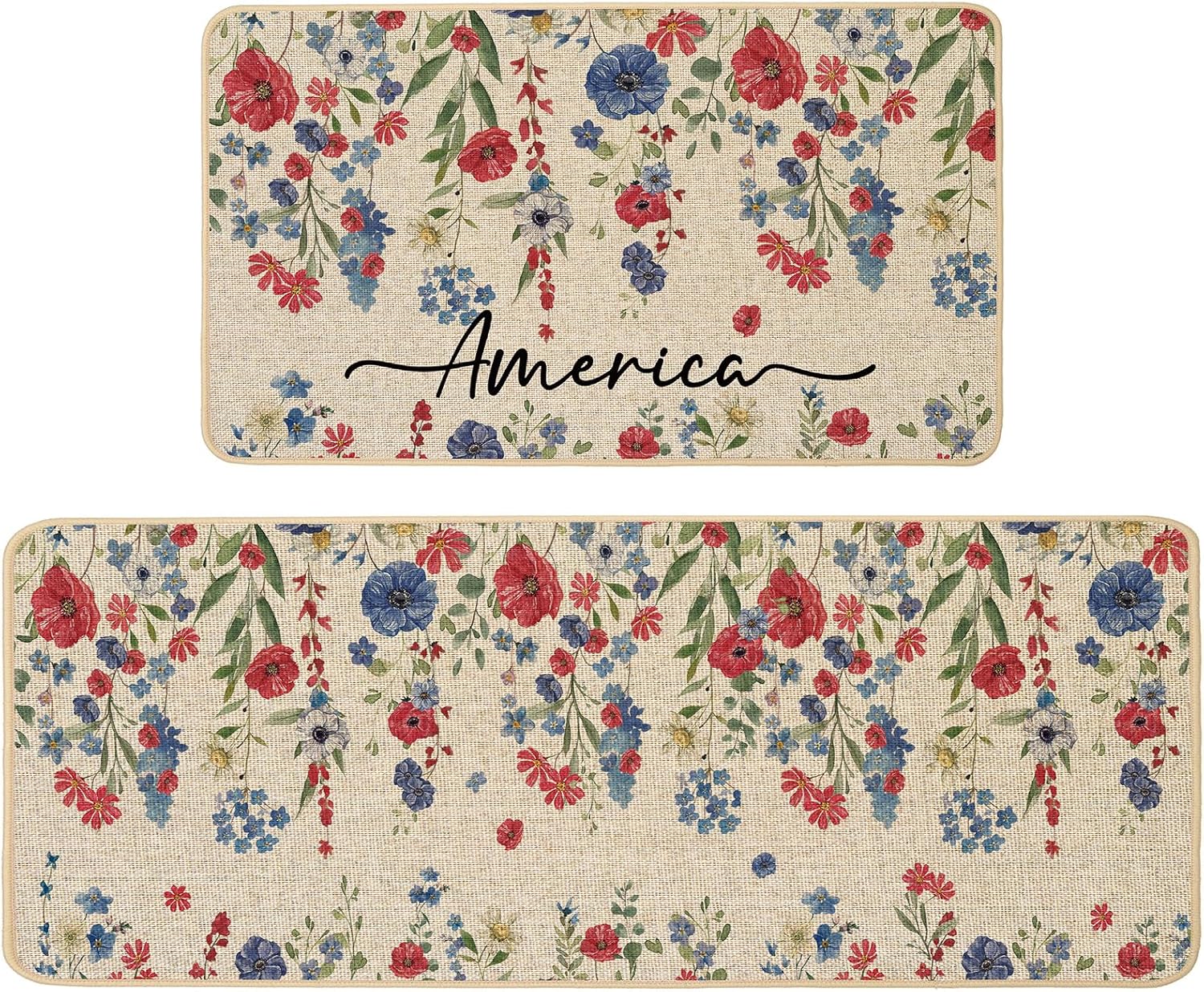 Baccessor Patriotic Flowers Kitchen Rugs Set of 2, Memorial Day 4th of July America Floral Kitchen Mats Non Slip Washable Low-Profile for Floor Holiday Home Decor 17x29 and 17x47 Inch