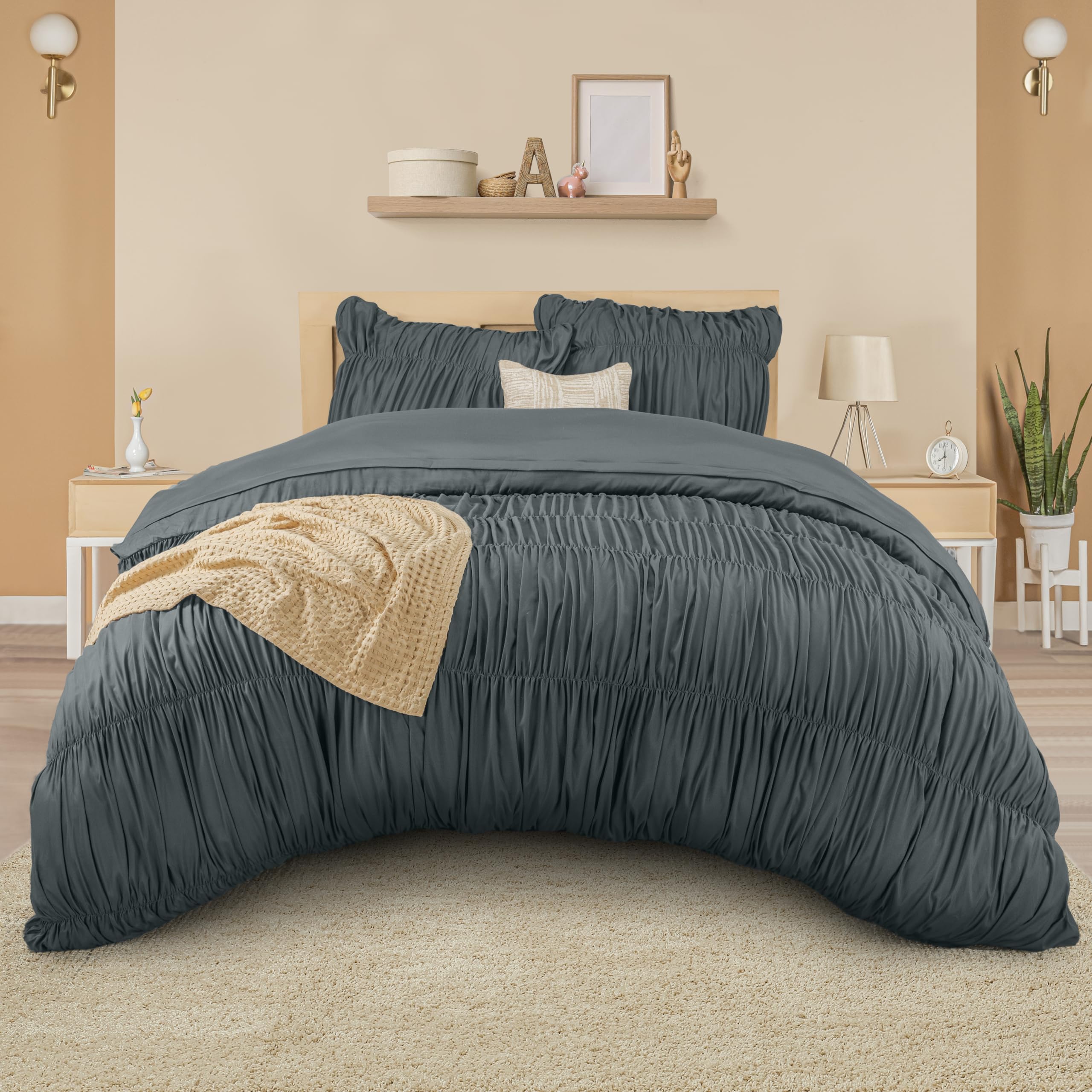 Utopia Bedding Fruncido Funda Nordica Cama 105 - Juego de Funda Nórdica de Microfibra Poliéster Fruncido 200x200 cm y 1 Funda de Almohada 80x80 cm (Gris)