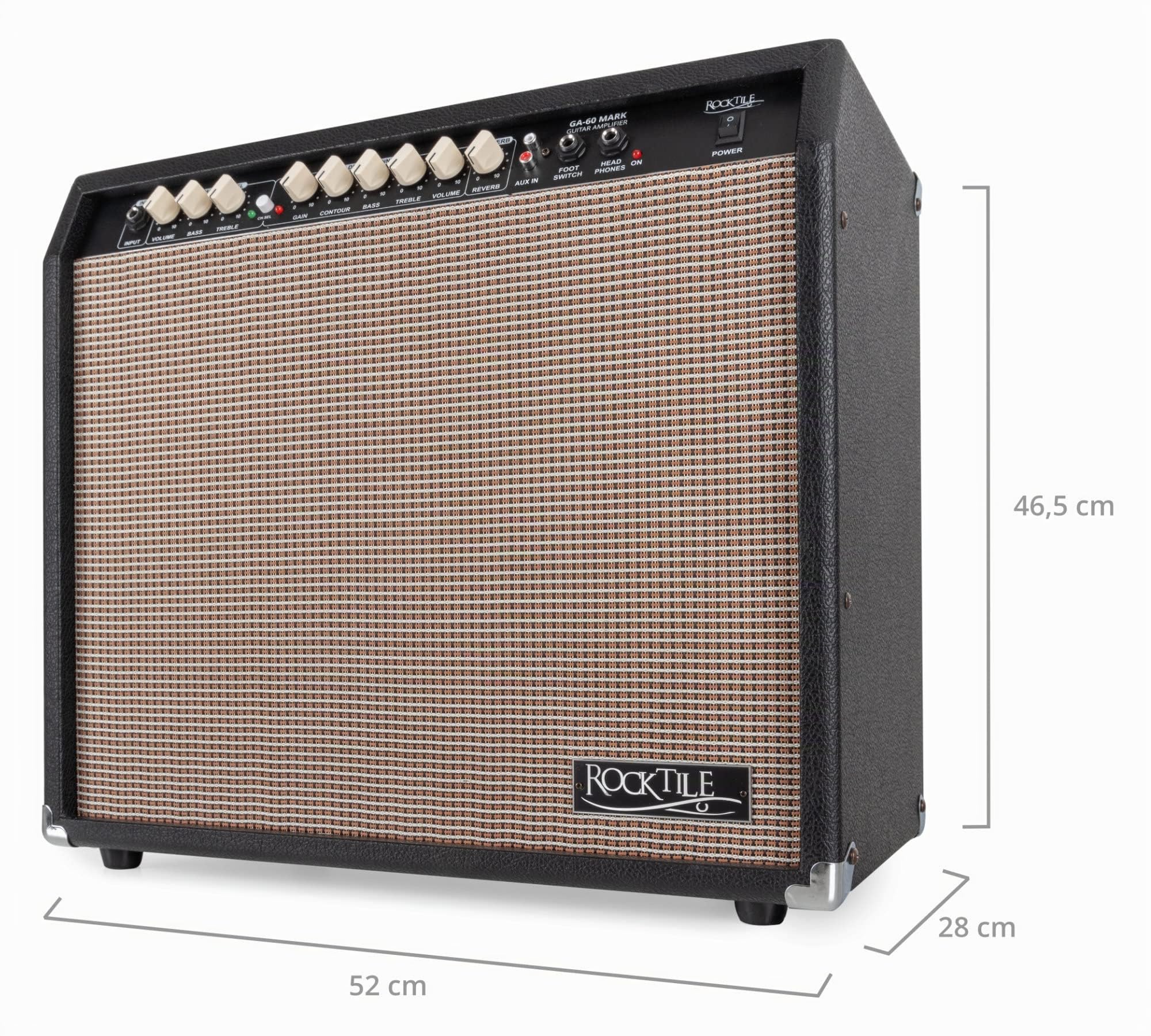 Rocktile GA-60 Mark Amplificador De Guitarra, 2 Canales (Normal/Drive) | Combo de guitarra de 60 vatios, Selección de canal con botón (CH.SEL) o pedal opcional, Altavoz de 12", 35 mm, MP3, portátil)
