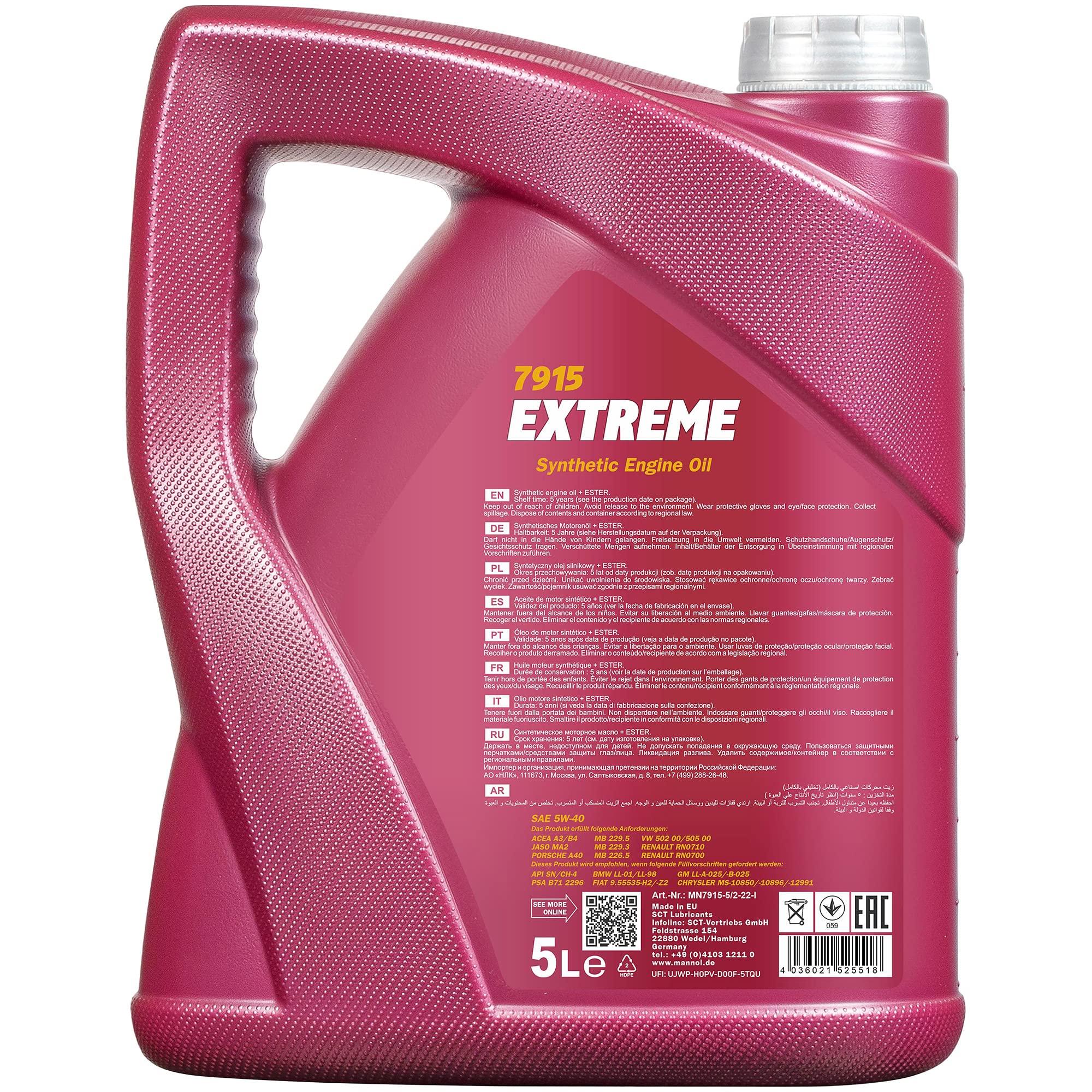 Mannol Extreme 5W-40 - Aceite para motor (15 L, 3 unidades, aditivo)