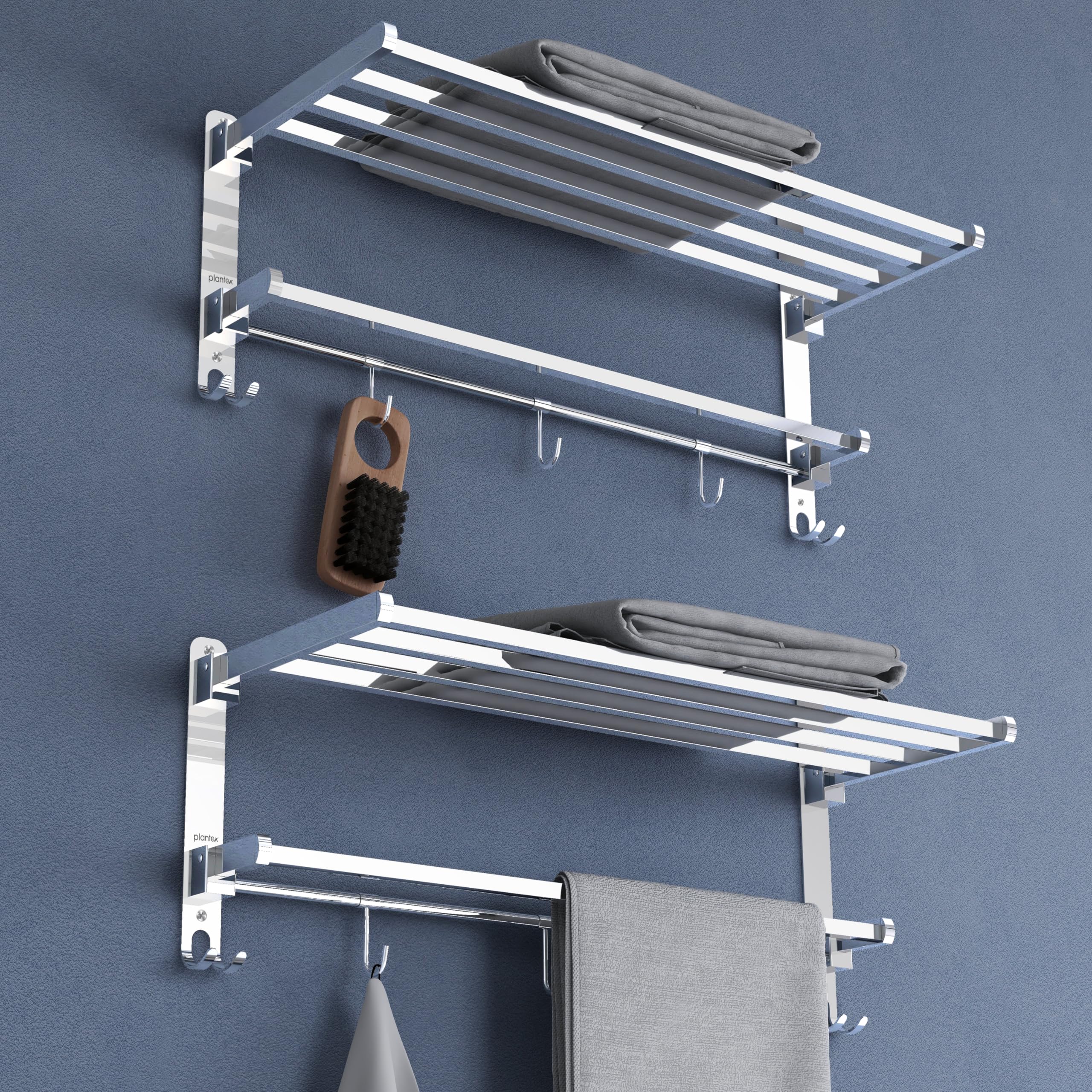 Plantex Heavy-Duty Stainless Steel Dual Folding Towel Rack/Holder/Towel Stand/Hanger/Towel Bar for Bathroom Accessories - Pack of 2 (Chrome - 24 Inch)-image-43