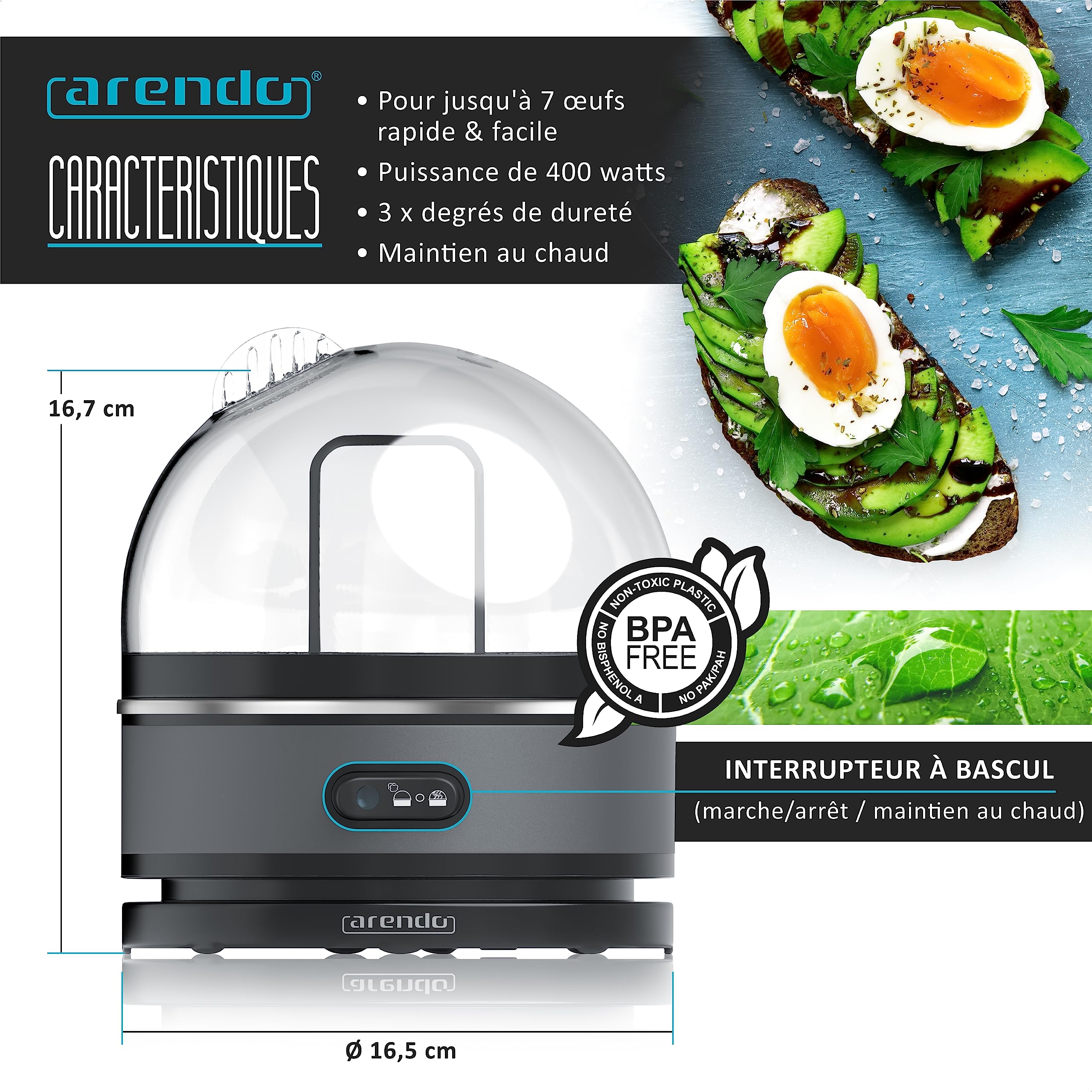arendo – Cuiseur à œufs avec Fonction Maintien au Chaud INOX, 1 à 7 œufs, Dur, Mollet ou à la Coque, Indicateur Lumineux, Verre doseur avec Perce-œufs, Base Anti-dérapante, Egg Cooker 400 W, sans BPA