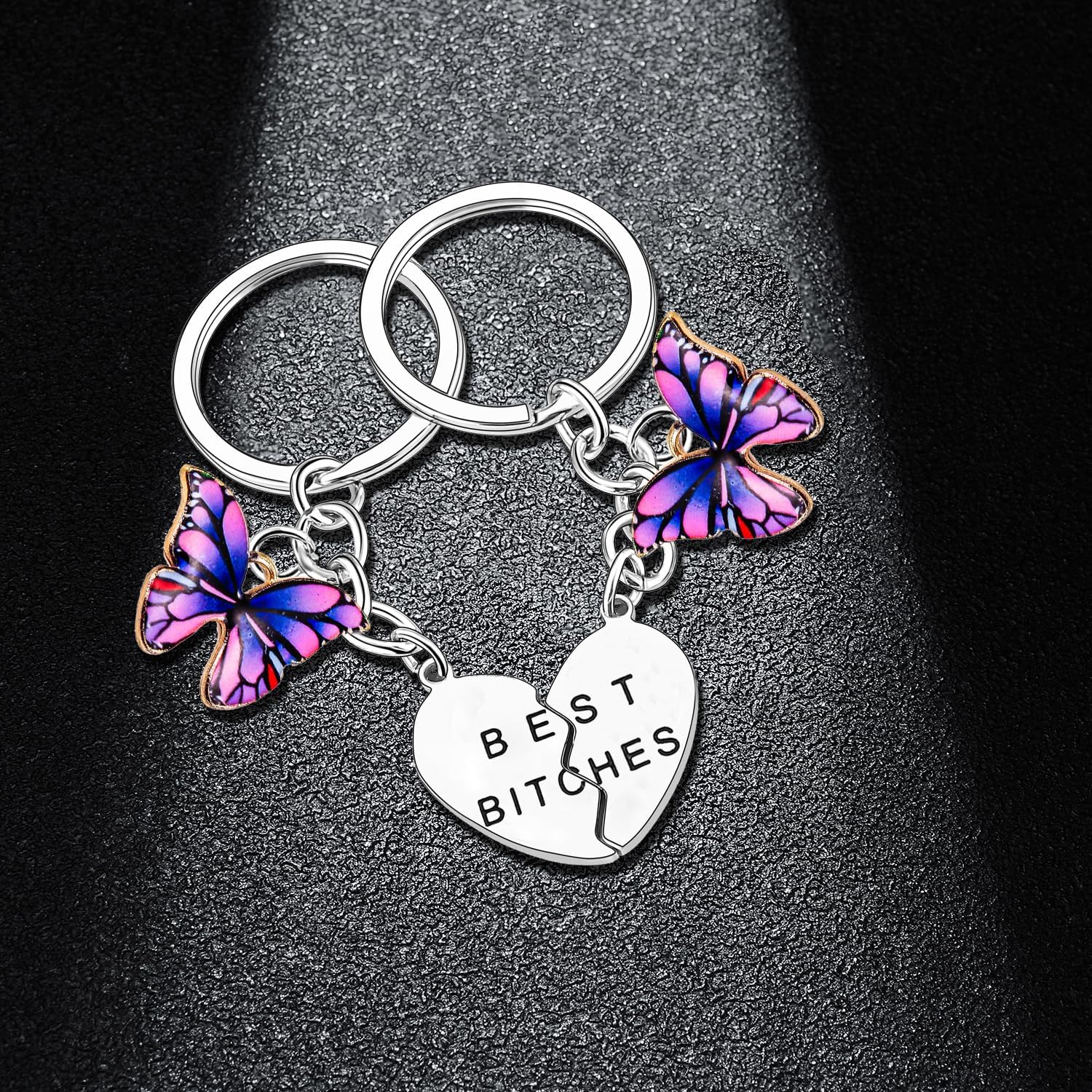 Best Bitches Keychain Set - Funny Best Friend Friendship Gift - 2PCs Heart Matching Keychain for Bestie, Friends, Sister - Christmas Birthday Gift - Butterflies Stuff Jewelry - Image 2