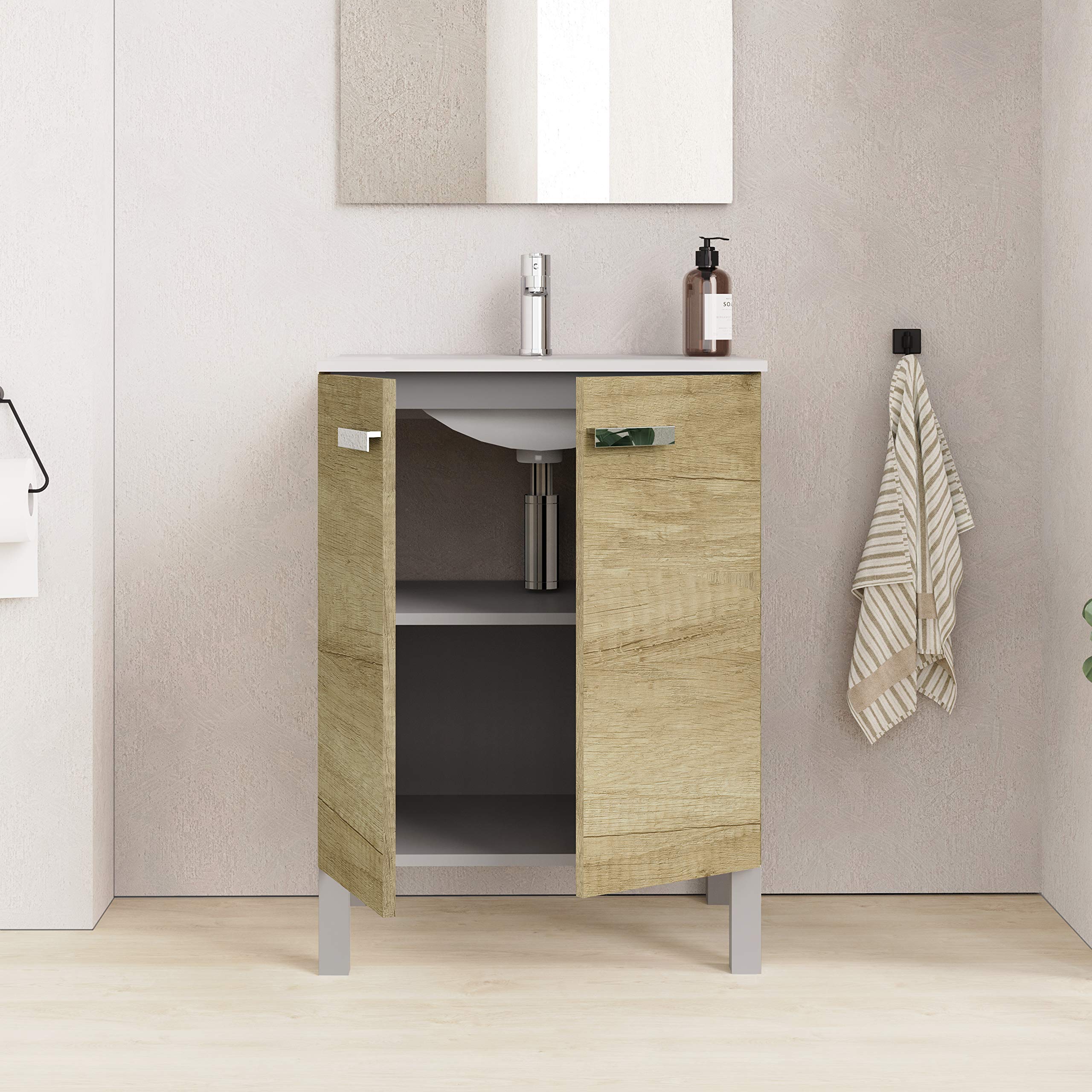 Baikal Mueble de Baño Neo, Dos Puertas, Mueble con Patas. Varios Acabados y Medidas. Melamina 16mm. Mueble MONTADO. 2 Puertas sin Espejo 60 cm Nature