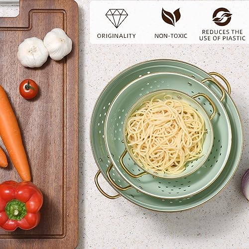 Miniatura 4 de Juego de 3 coladores de metal, cesta coladora con asas, perfecto para espaguetis, pasta, bayas, verduras, frutas, base sólida con recubrimiento en