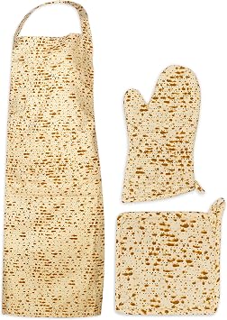 The Kosher Cook Passover Kitchen Linen Sets - Matzah Print Design - Kitchen Apron - Pot Holder - Oven Mitt - Pesach Seder and Kitchen Accessories