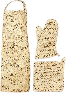 The Kosher Cook Passover Kitchen Linen Sets - Matzah Print Design - Kitchen Apron - Pot Holder - Oven Mitt - Pesach Seder and Kitchen Accessories