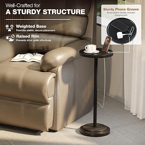 Miniatura 6 de Mesa de bebidas, mesa auxiliar compacta de 24.4 pulgadas de alto con ranura para teléfono y base pesada, mesa de pedestal duradera para sala de