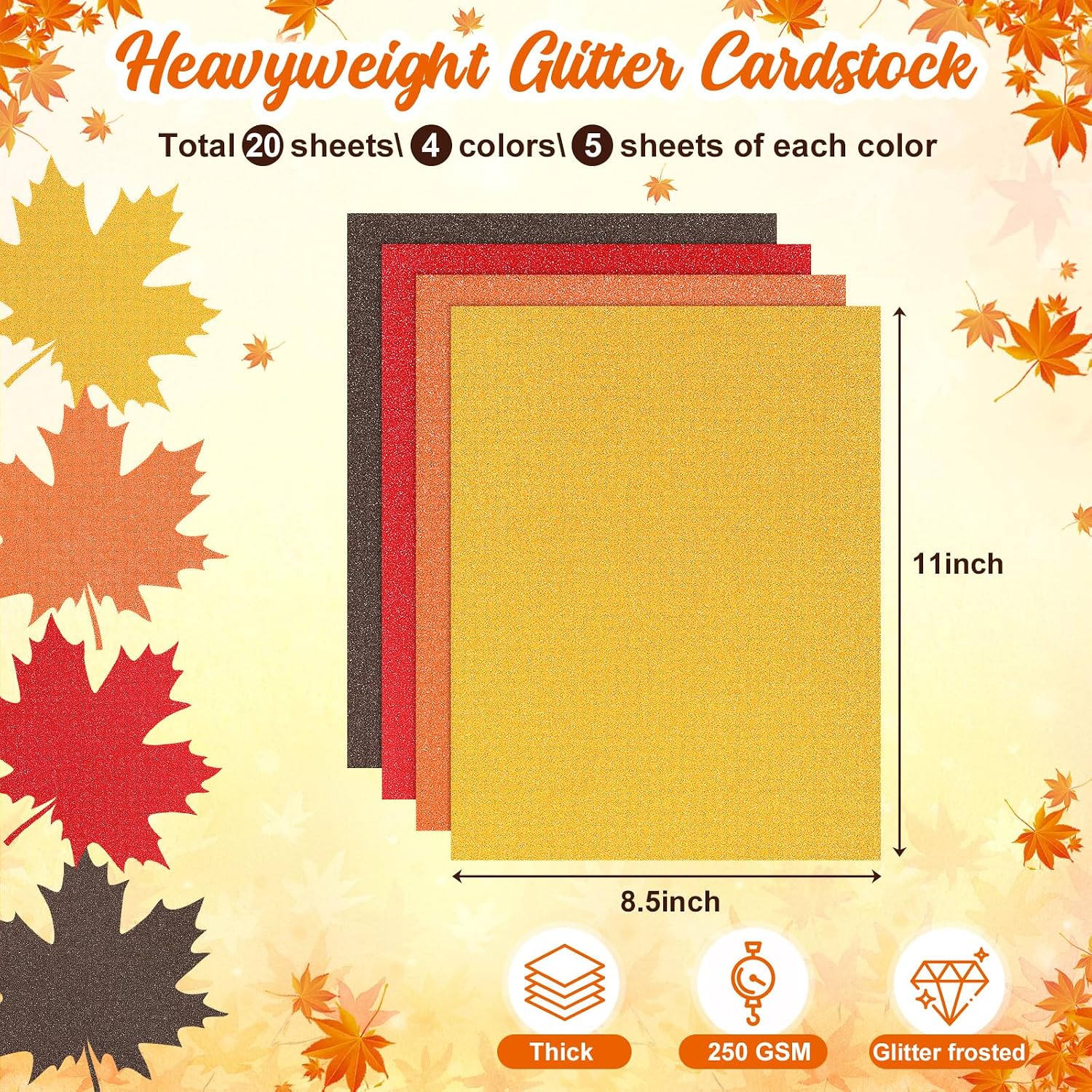 60 Sheets Fall Cardstock Paper 8.5x11" Glitter Card Stocks Orange Scrapbook Paper Brown Red Yellow Fall Colors Construction Paper for Crafts Invitations Greeting Cards School Office Home Supplies